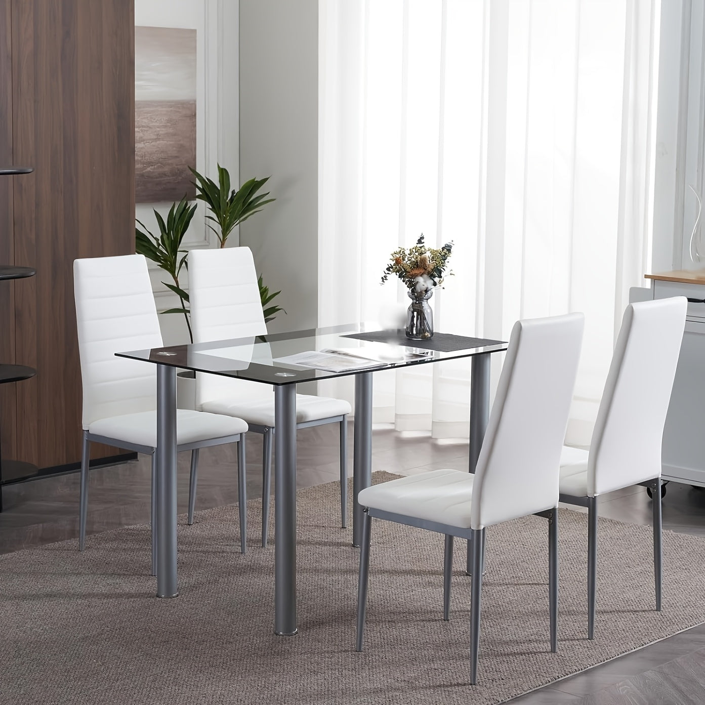 Modern Dining Table Set with 1 Glass Dining Table and 4 Leather Chairs 5pcs Dining Table Set for Kitchen & Breakfast