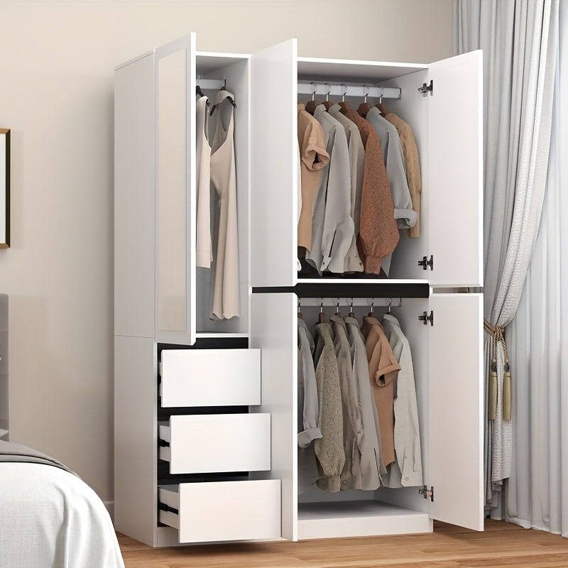 White 3-Door Armoire Wardrobe Closet with Mirror - Modern Minimalist Design, Lockable, Freestanding with 3 Drawers & Hanging Rods, Pine Wood Construction for Bedroom Elegance (20.5" D x 47.24" W x 74.8" H), Bedroom De