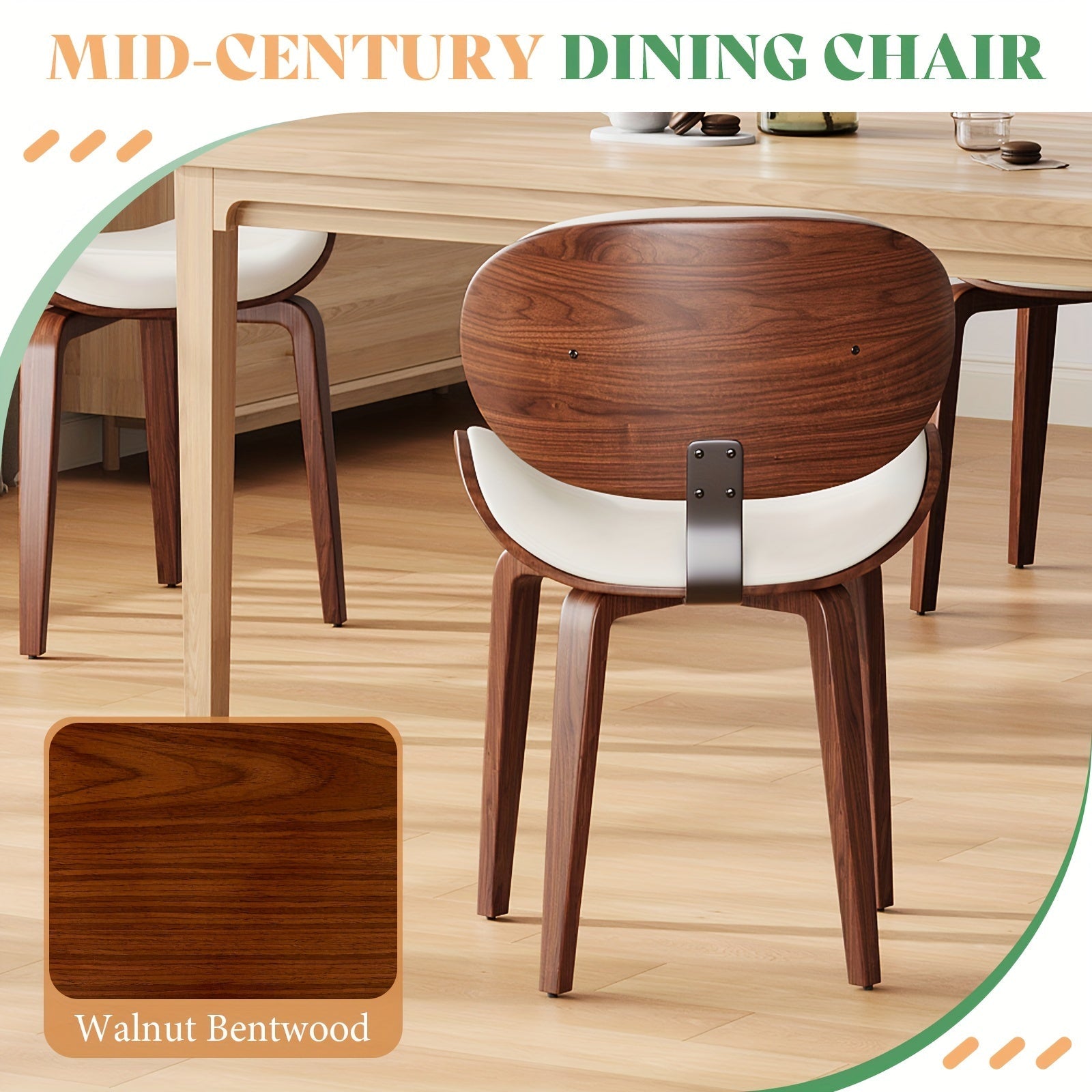 2pcs Mid-Century Modern Dining Chairs, Walnut Finish, Curved PU Leather Seat, Adjustable Solid Wood Legs, Ergonomic Design, Hardwood Frame, MDF Padding, Non-Adjustable Lounge Function