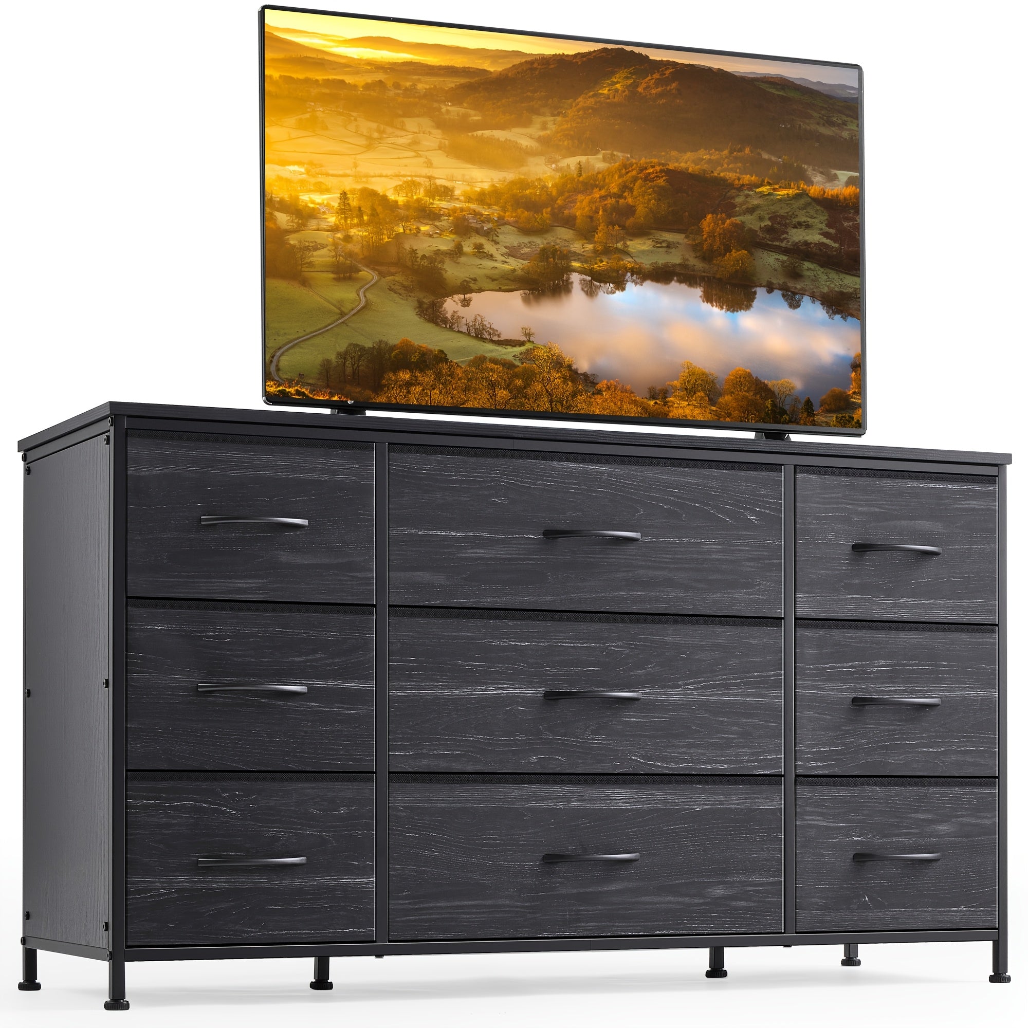 Spacious 9-Drawer Dresser TV Stand in Charcoal Black - Sleek Metal Frame & Wood Top Ideal for Bedroom or Living Room