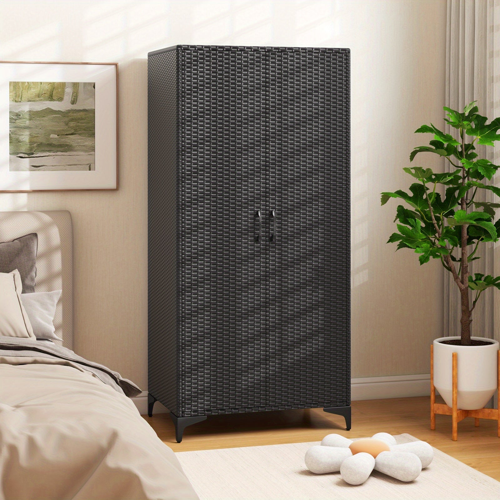 62" Black Wicker Wardrobe with 2 Doors, PE Rattan Armoire Closet on Sturdy Metal Frame - Includes Hanging Rod & 4 Storage Cubes, Ideal for Bedroom, Patio, Garage - Elegant, Durable & Versatile Organizer, Portable Closet