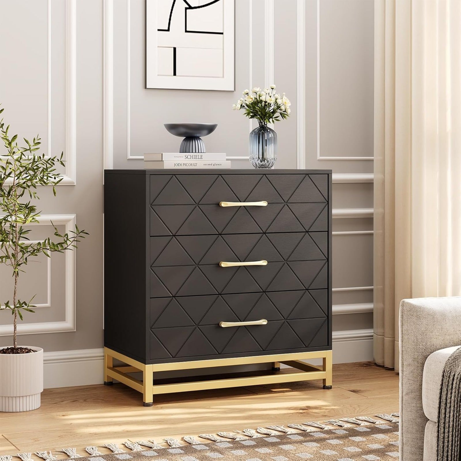 3 Drawer Dresser Chest Drawers with Storage for Closet Bedroom Drawers Dresser Modern Bedside Nightstand with Gold