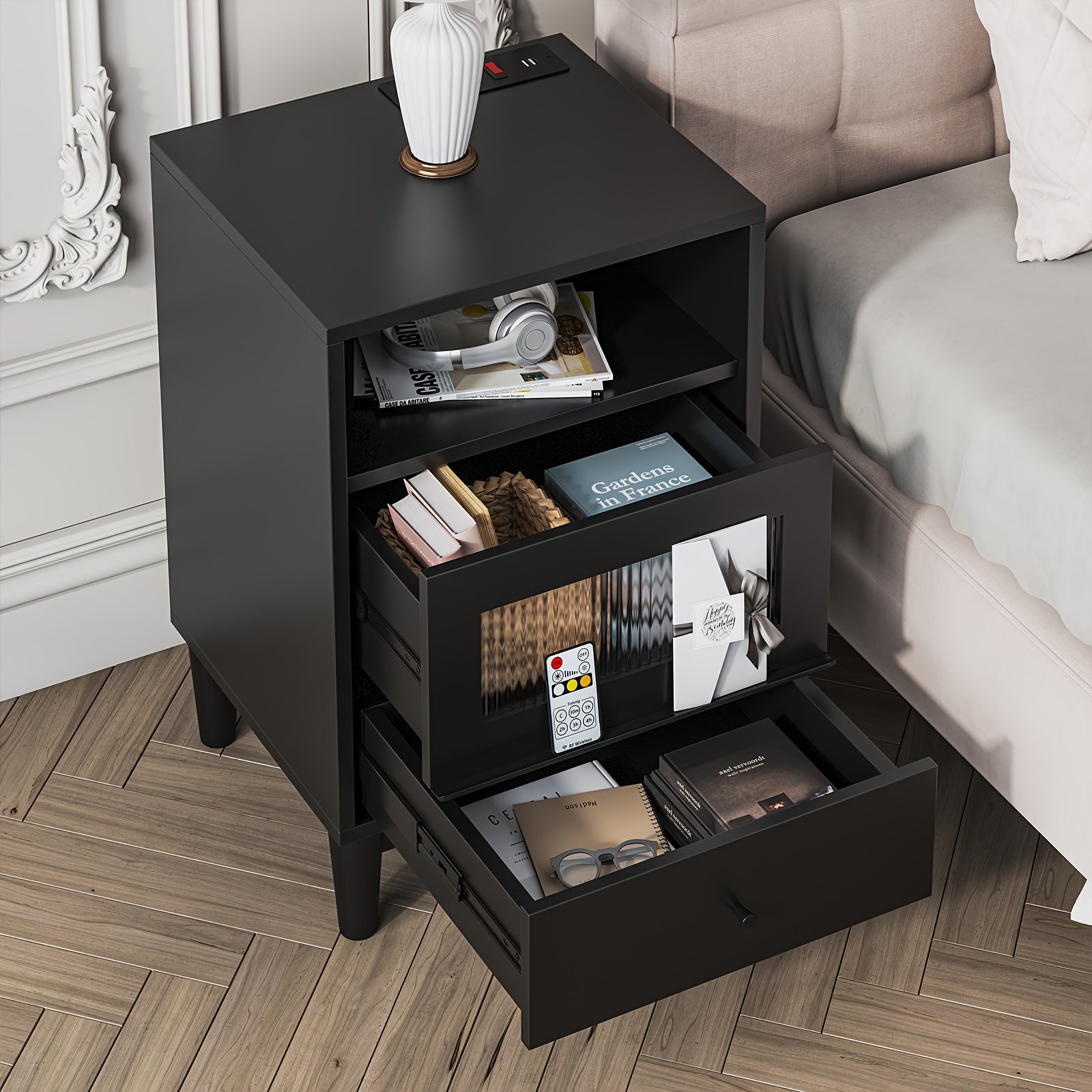 Nightstand with Charging Station, End Table with Glass Drawers, Night Stand with LED Lights, Wood Bedside Tables for Bedroom, 15.7"×13.7"×23.8"