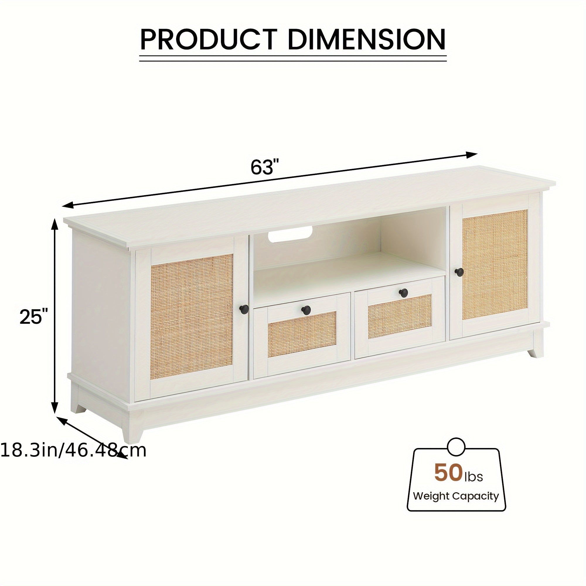 TV stand suitable for TVs over 65 inches, Rattan Entertainment Center TV Media Console Table, Modern TV stand with storage doors and mesh doors, Living Room TV Cabinet Furniture (White tabletop).