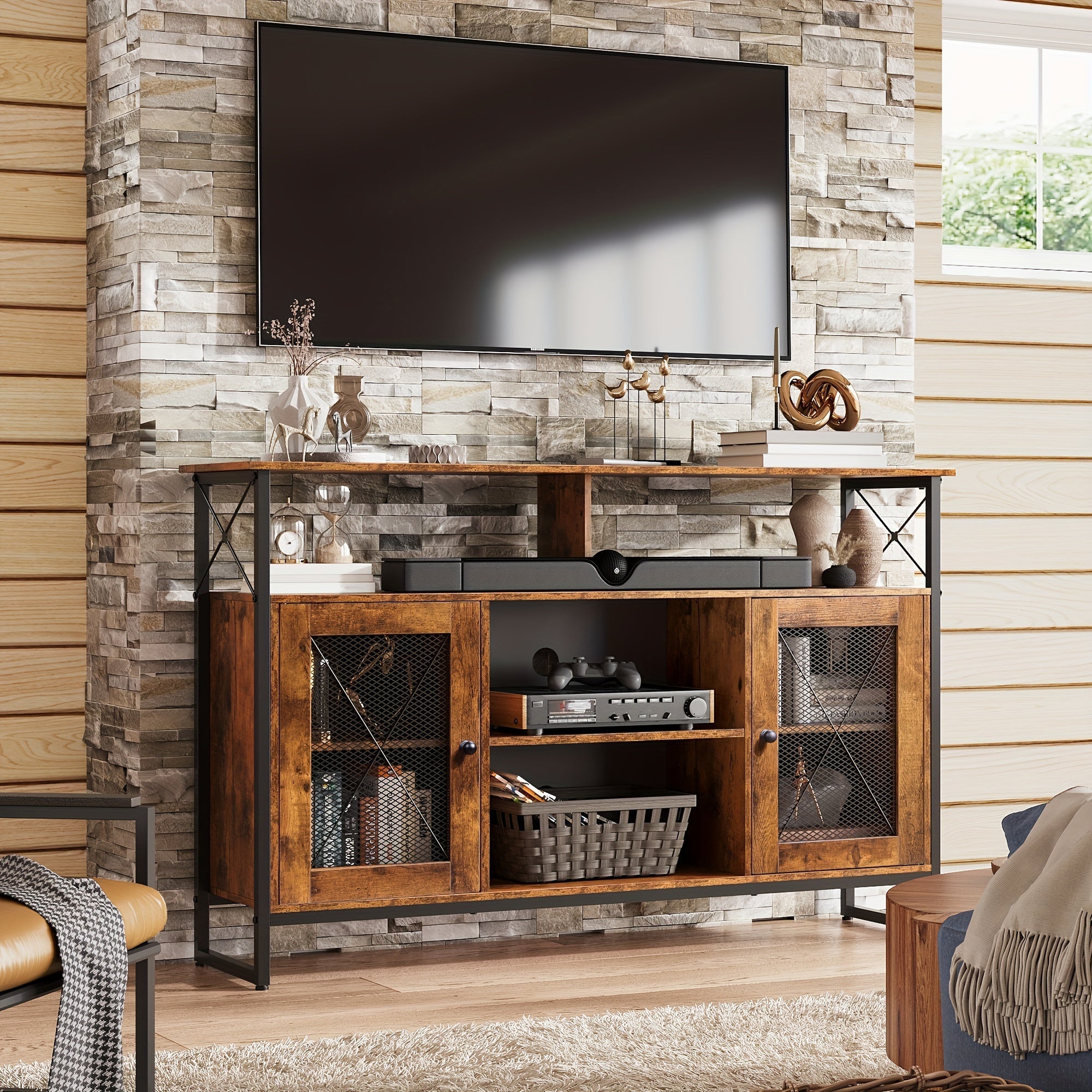 TV Stand 55 inch TV, Tall Entertainment Center with Storage, Farmhouse Industrial TV Console for Bedroom Living Room, Rustic Brown