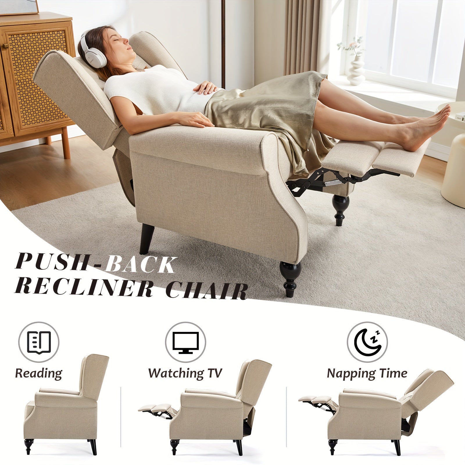 Recliner Chair for Elevated Living Rooms, Featuring High Back Push Back Design