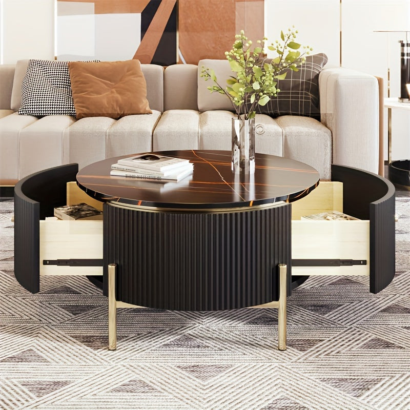 Modern Round Coffee Table With 2 Large Drawers - 31.5-Inch Storage Console For Living Spaces