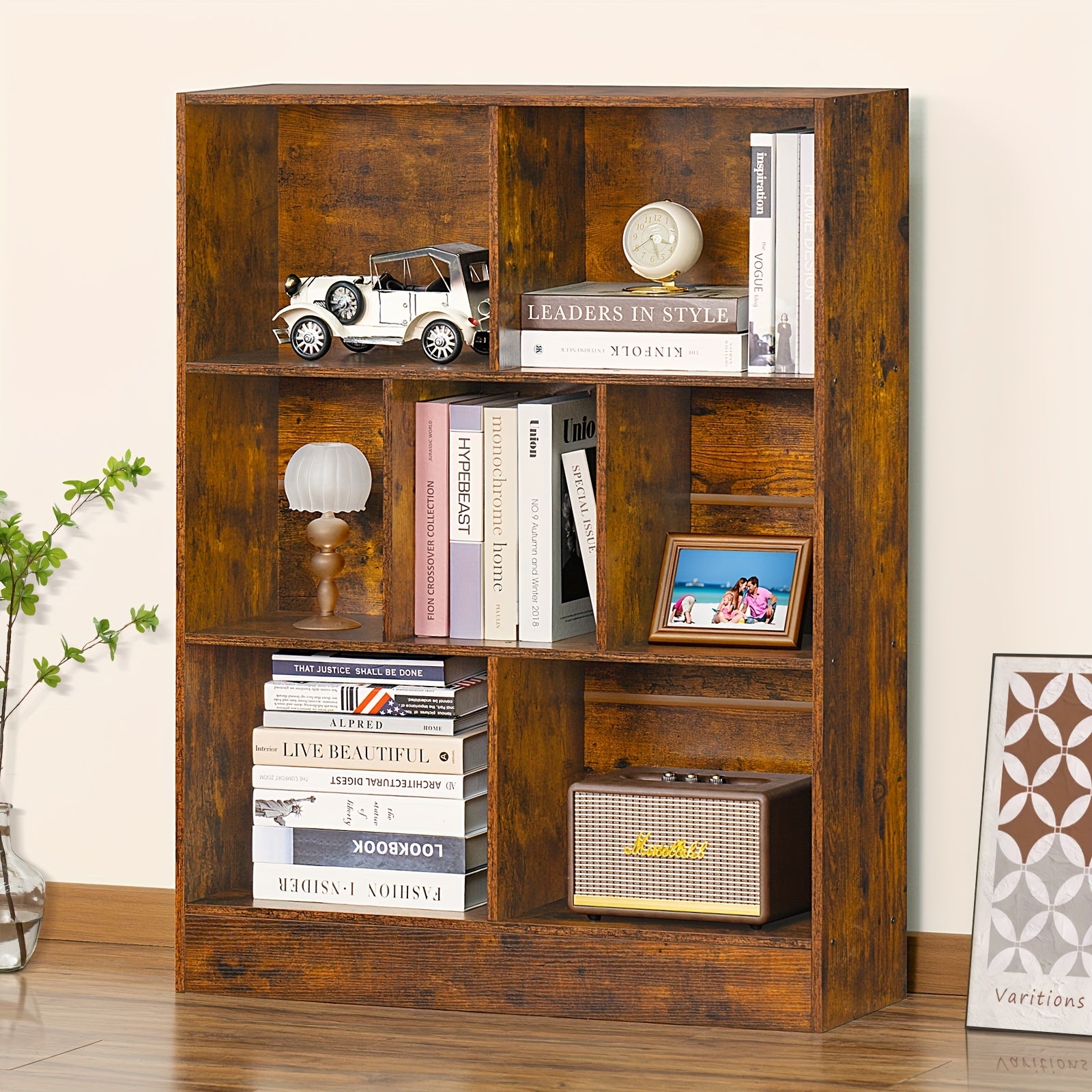 7 Cube Bookshelf with Base 3 Tier Mid-Century Modern Brown Bookcase Standing Wide Bookshelves Storage Organizer Shelf