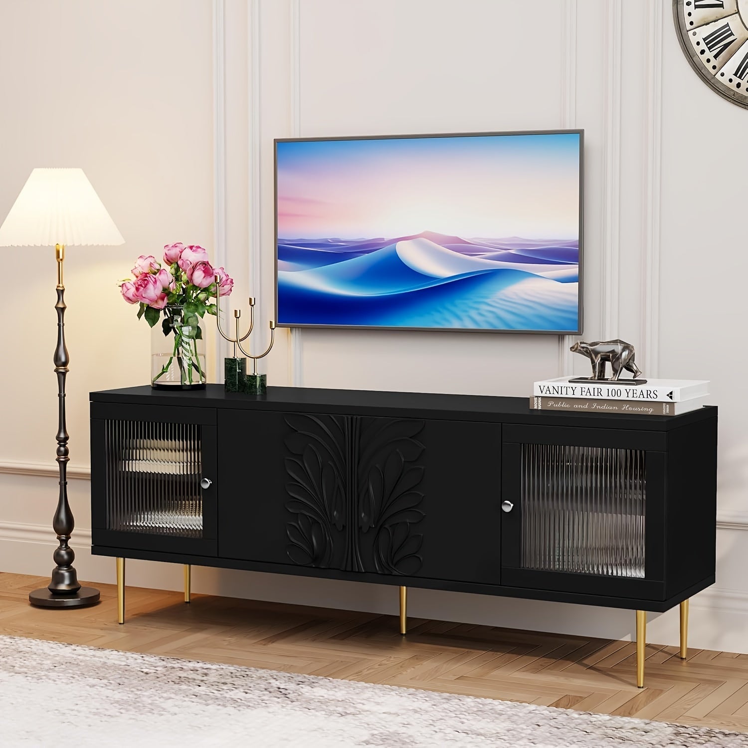 TV Stand For TVs Up To 75", Mid Century Modern TV Console With 3D Flower Pattern, Wood Entertainment Center With 2 Fluted Glass Doors, Media Console Table With Storage For Living Room