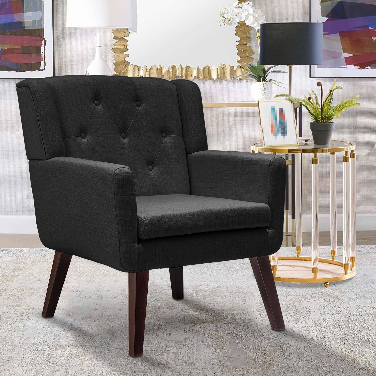 Single Lounge Chair Accent Chair with Arms, Upholstered Living Room Sofa Chair, Modern Cozy Armchair with Pin Decor on Backrest and Wood Legs