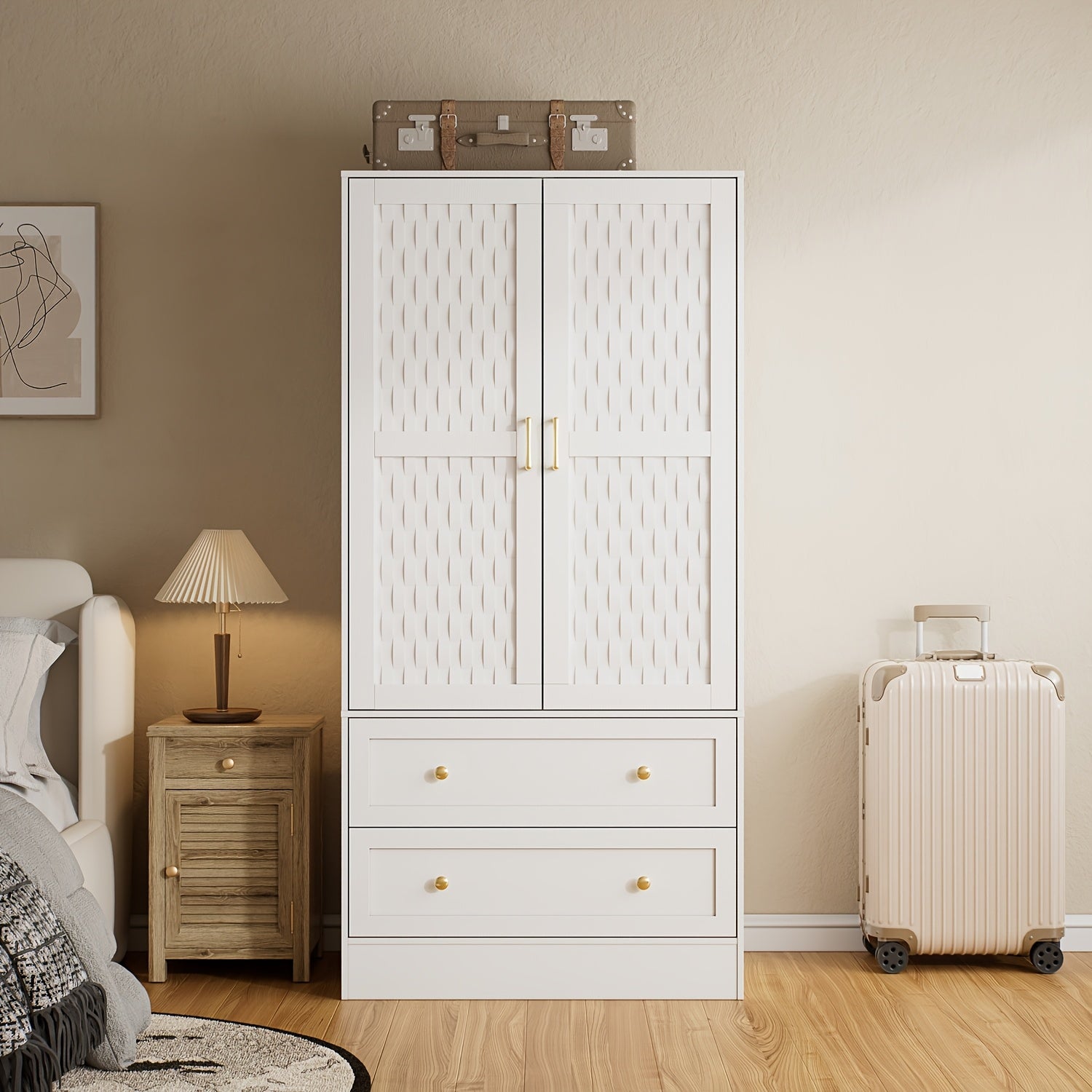 Armoire Storage Cabinet, 65" Tall Armoire Closet With Woven Doors, 2 Large Drawers, Wooden Armoire Wardrobe With Hanging Rod For Bedroom