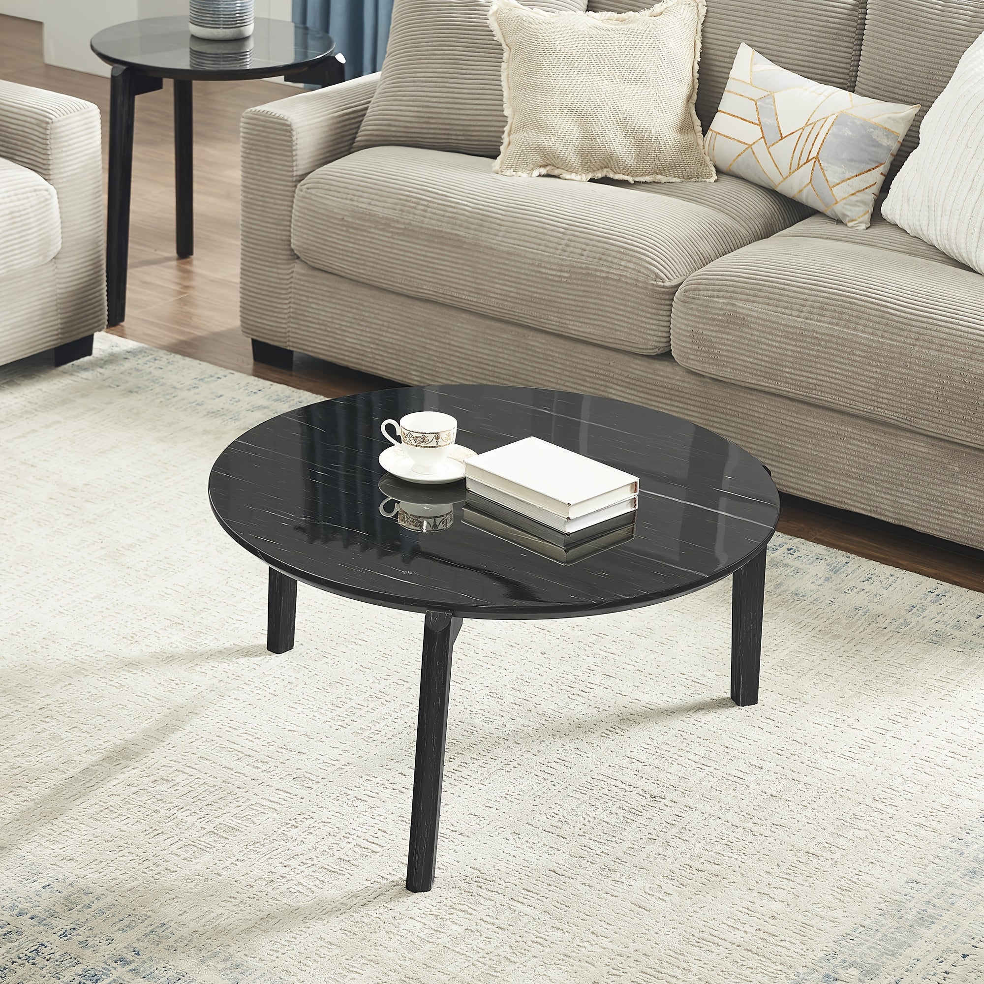 1pc Contemporary 36 Inch Round Coffee Table - Modern Design with Imitation Marble Top, Rubber Wood Legs, and High-Density Fiberboard Construction for Living Room, Office - No Electricity Needed