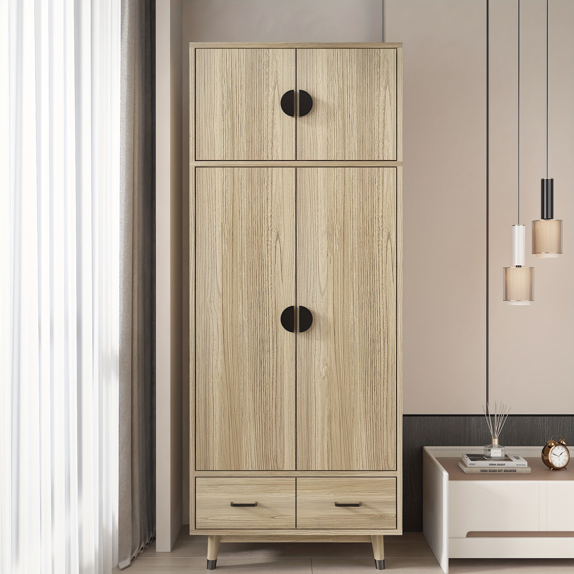 Large Armoire Wardrobe Bedroom Closet With 4 Doors, 2 Drawers, Removable Hanging Rod And Adjustable Shelves For Bedroom