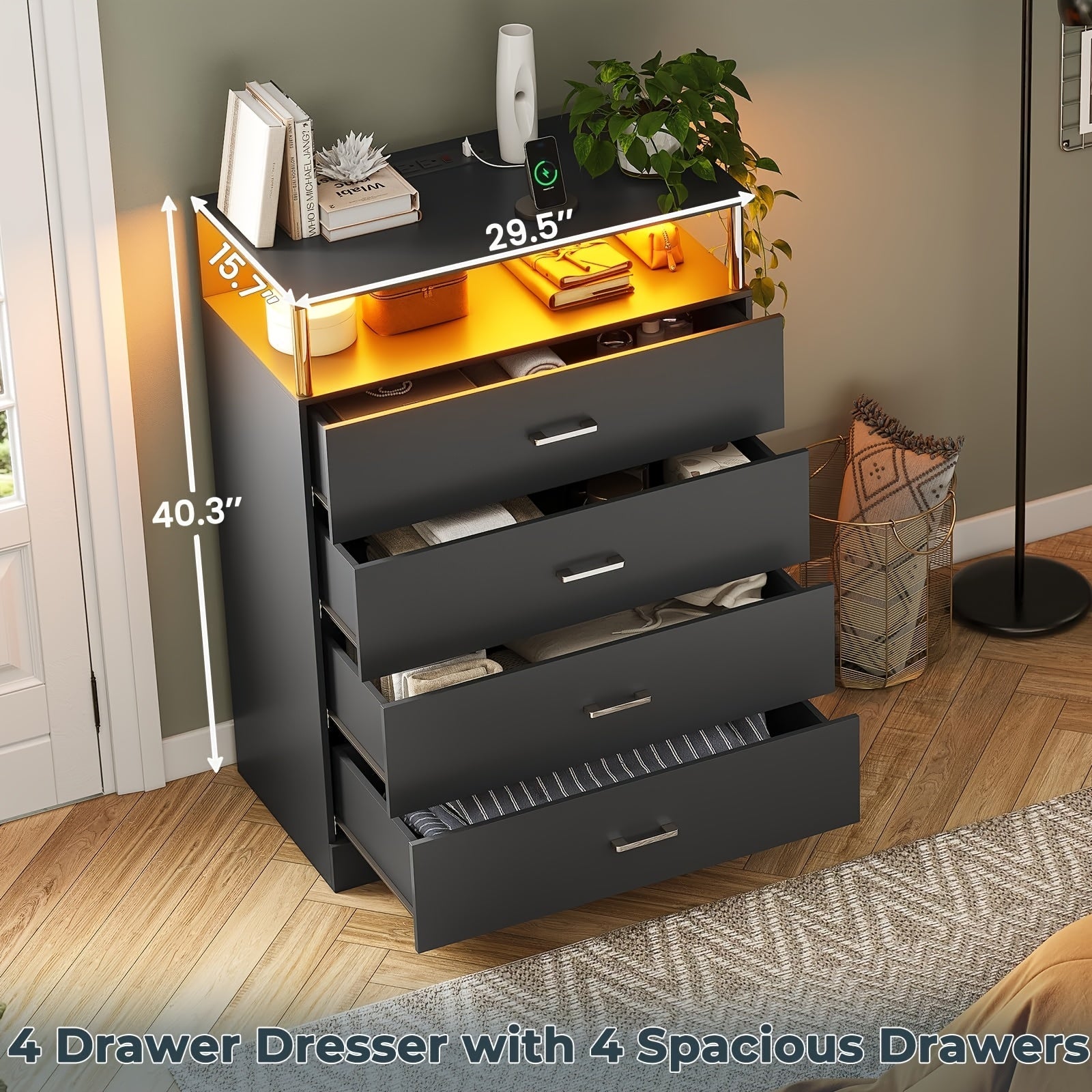 Modern Black LED Bedroom Dresser with 4 Drawers & Storage Shelves - Sleek Column Design, Plug-In Powered