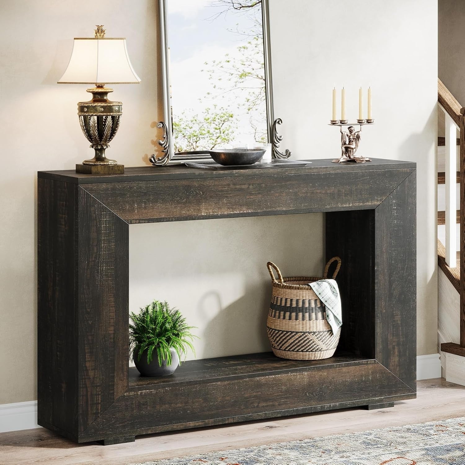 Elegant 47" Black Wooden Console Table with Storage - Rustic Farmhouse Style, Sleek Design for Entryway, Foyer, Living Room - Ample Space for Decor & Essentials, Table Decor