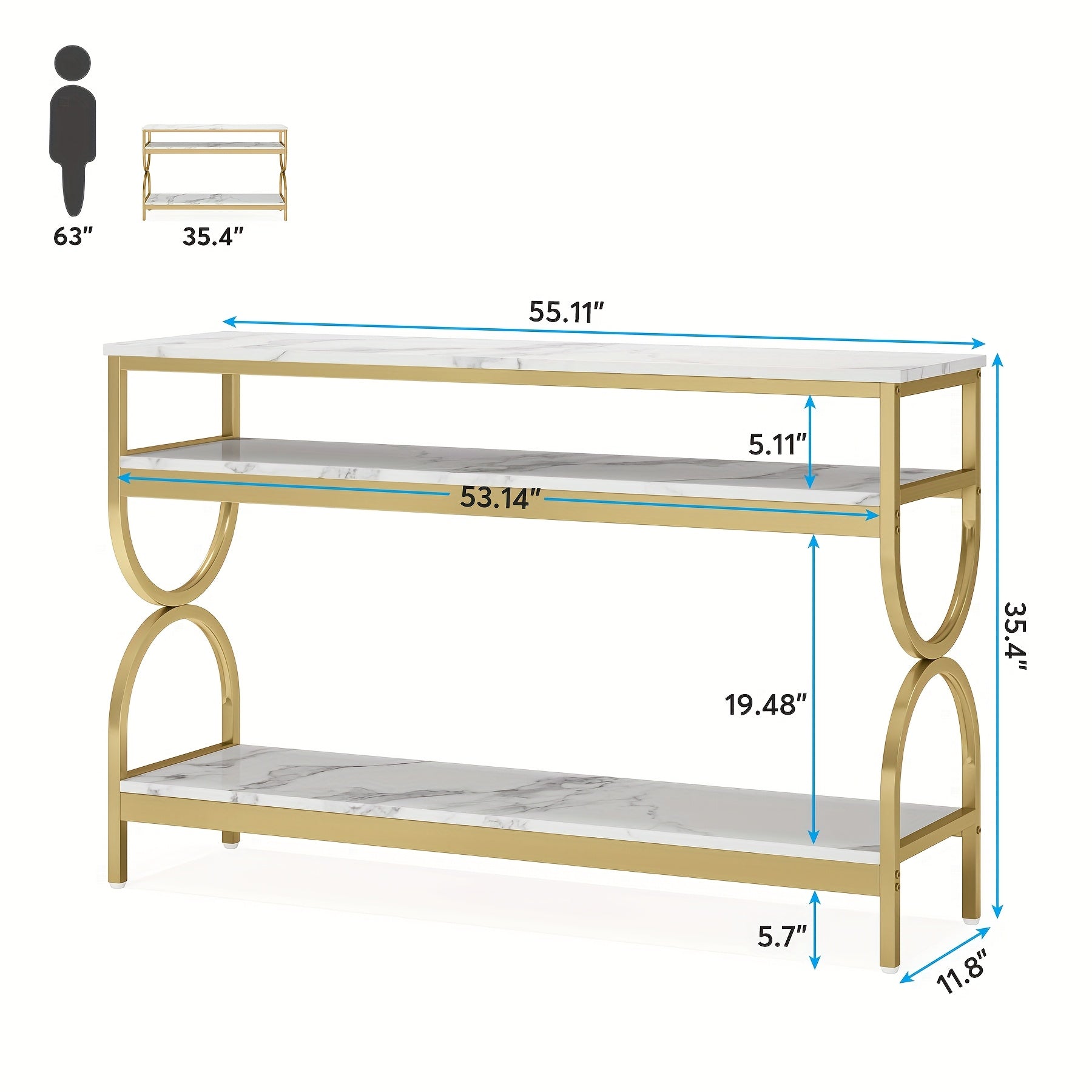 Elegant 55" White & Golden Console Table with Faux Marble Top - 3-Tier Open Storage Shelves, Sturdy Wood & Iron Construction, Ideal for Entryway, Living Room Decor, Table Decor