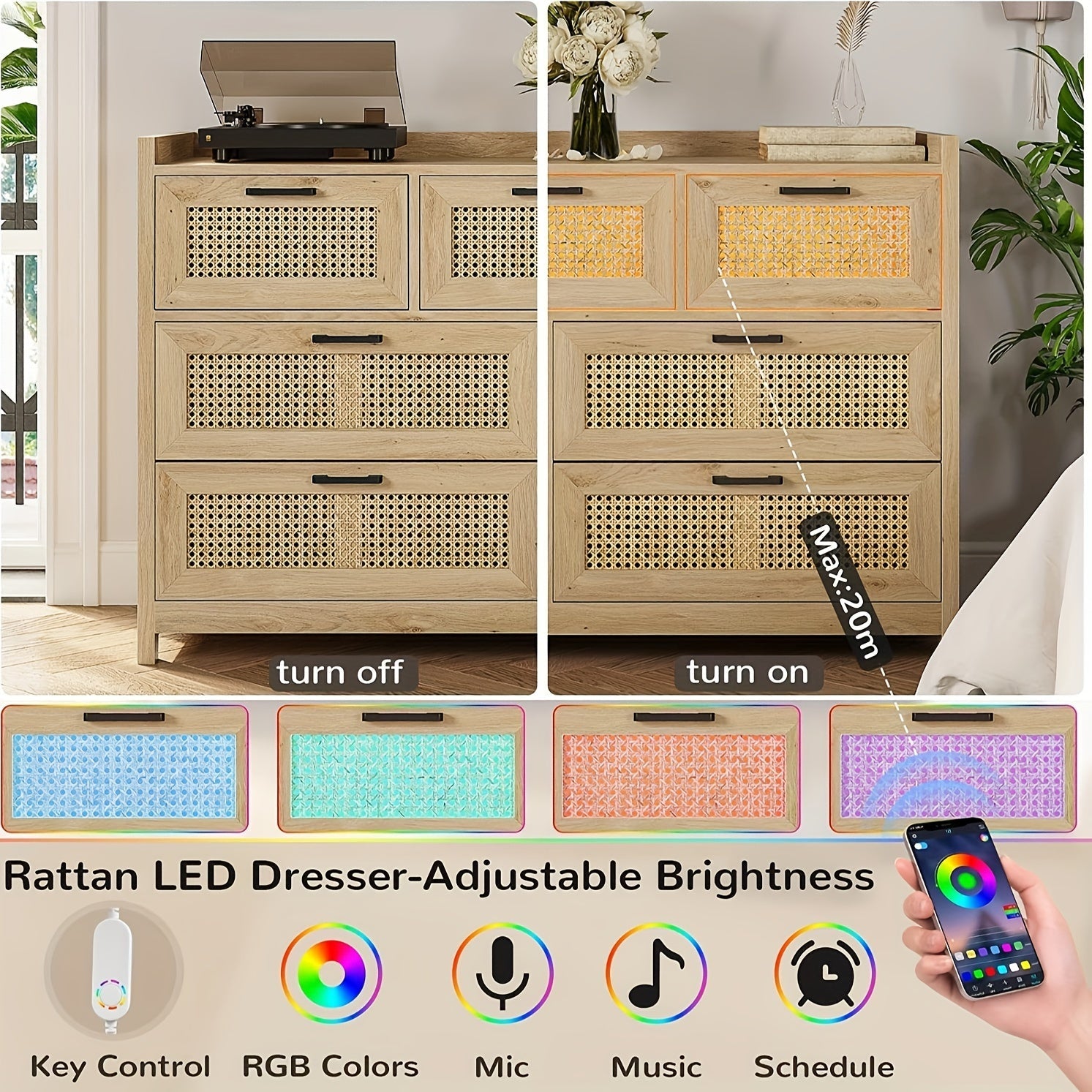 Natural Rattan 7 Drawer Dresser With LED Lights Chests Of Drawers For Bedroom, Hallway, Entryway