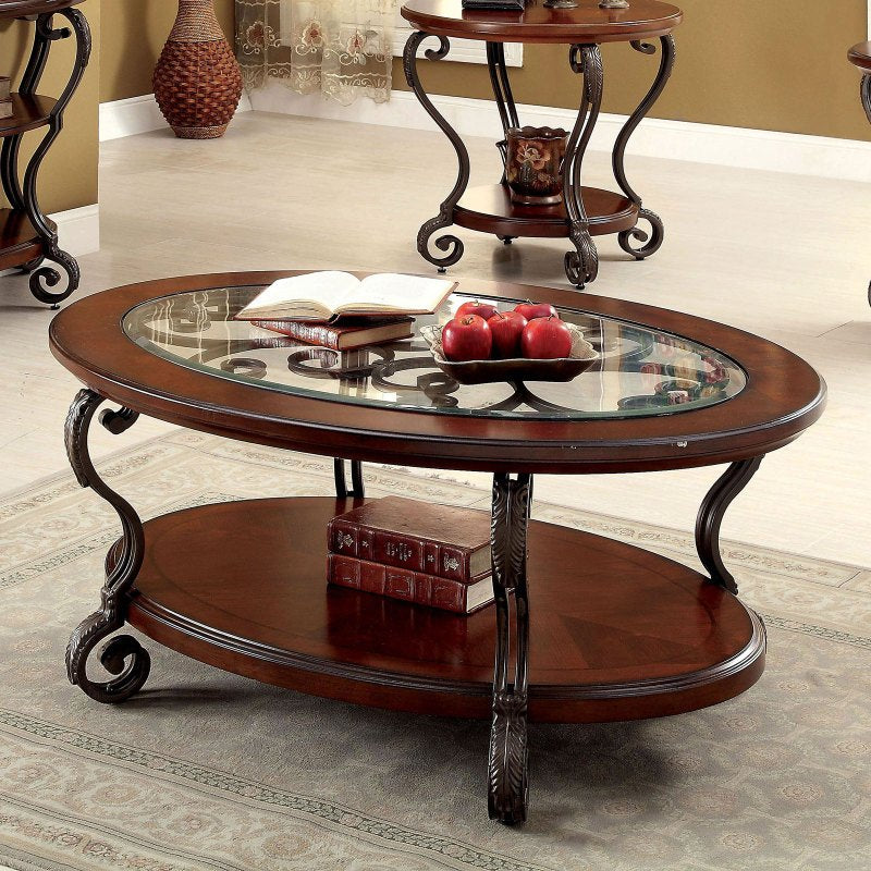 Elegant Brown Cherry Coffee Table with Glass Top and Open Bottom Shelf - Traditional Style Living Room Furniture