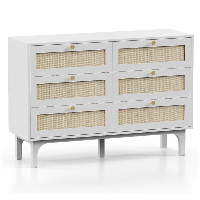 6 Drawer Dresser 47.2" W, White Dresser for Bedroom, Rattan Dresser, Boho Dresser, Long Dresser TV Stand, Chest of Drawers, Wood Dresser with Real Rattan