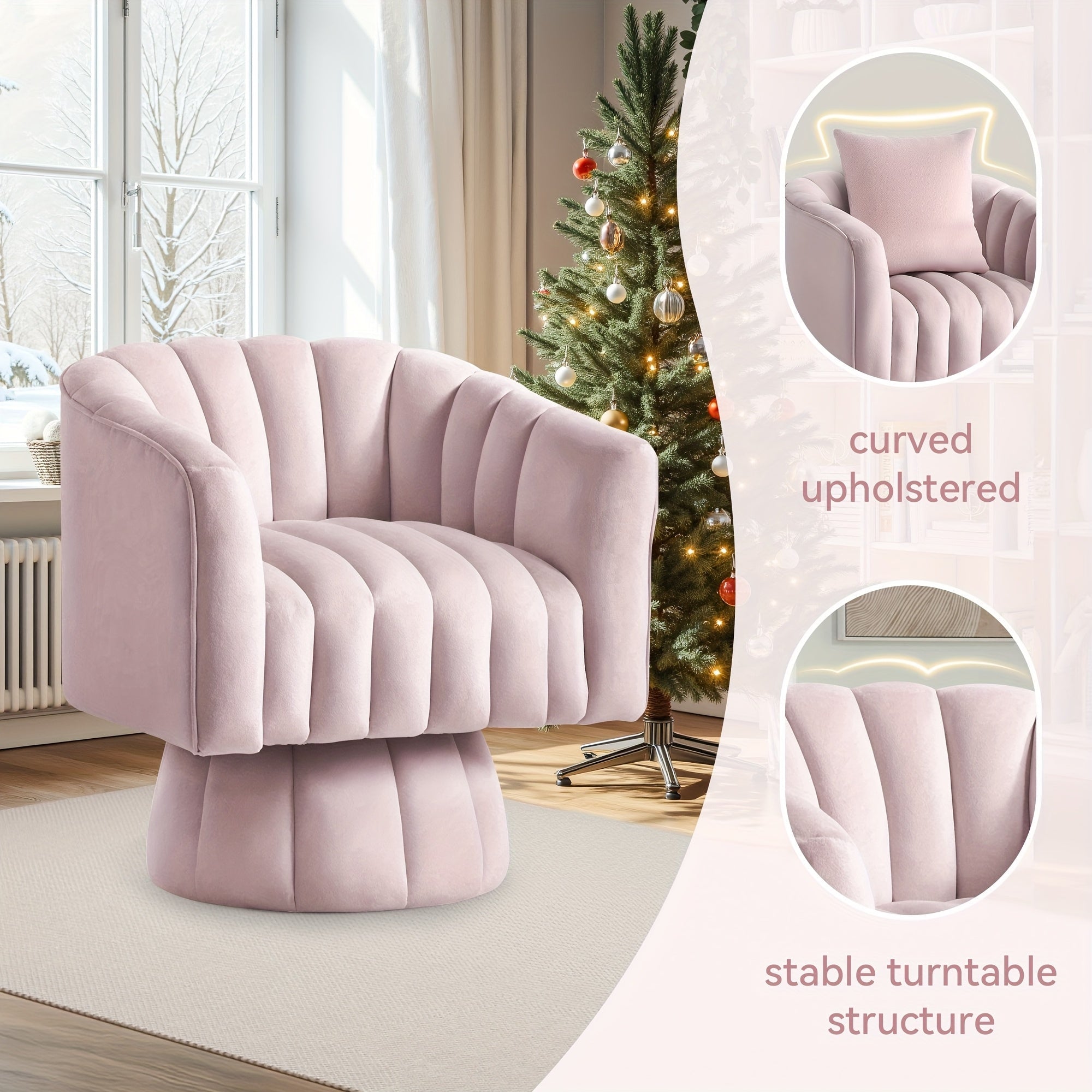 Elegant Pink Velvet 360° Swivel Armchair - Mid-Century Design with Pillowized Seat Cushion, Thickened Comfort Upholstery, Ideal for Modern Living Spaces, Comfy Chair