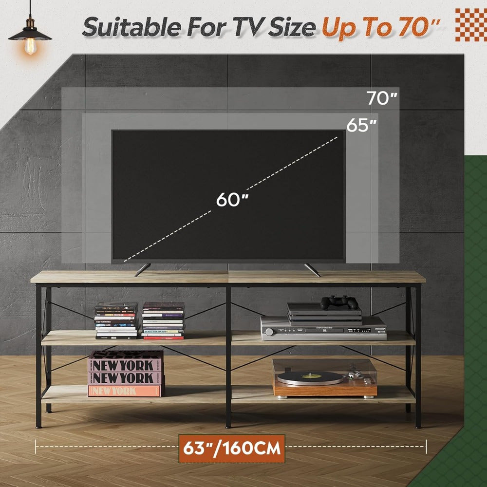 Versatile 3-Tier Steel & Wood TV Stand - Perfect for Indoor/Outdoor Use Fits Up to 70’’ TVs Ideal for Living Room &