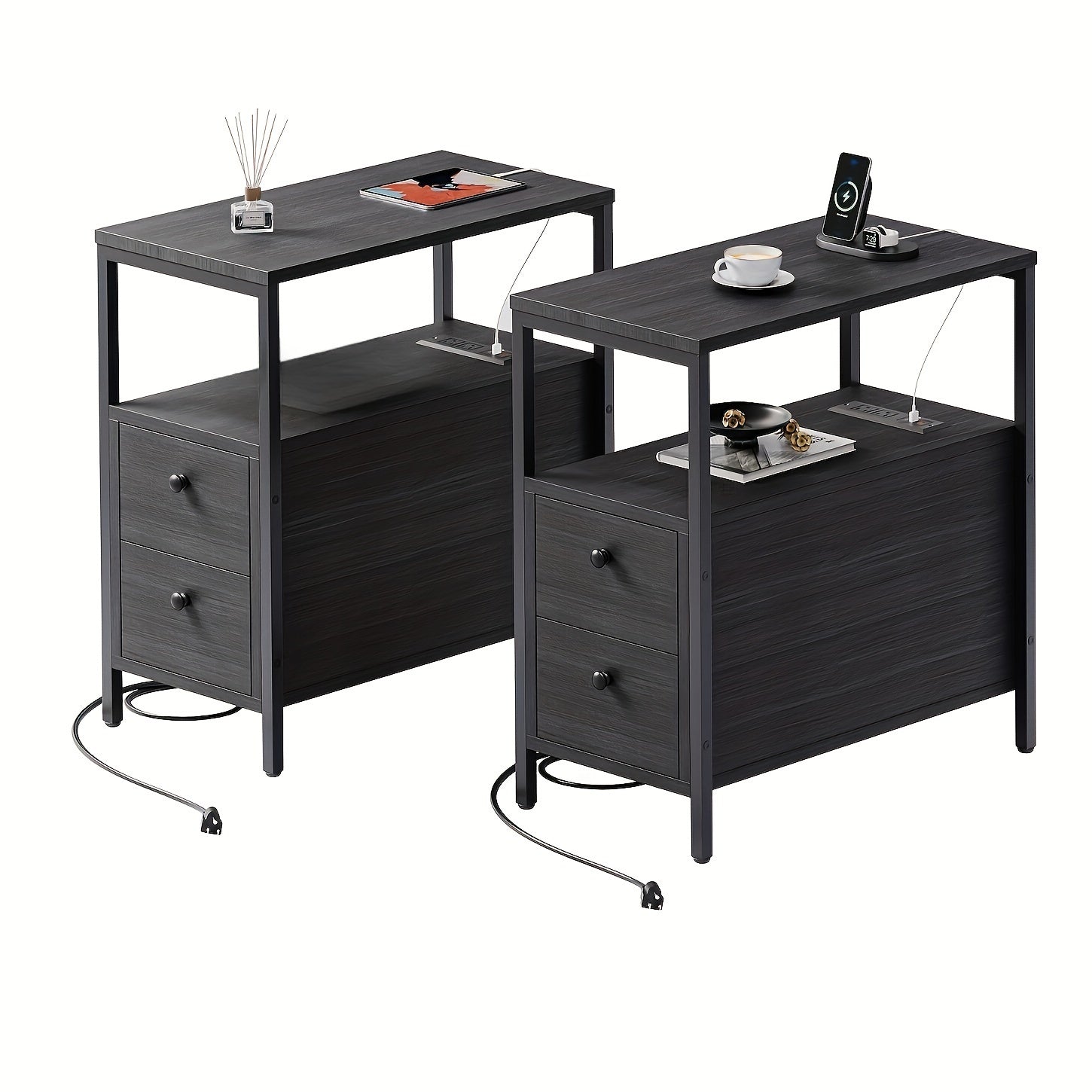 Side Table 1pc Narrow Nightstand With 2 Drawers Living Room End Table With Storage Slim Bedside Table For Small Spaces