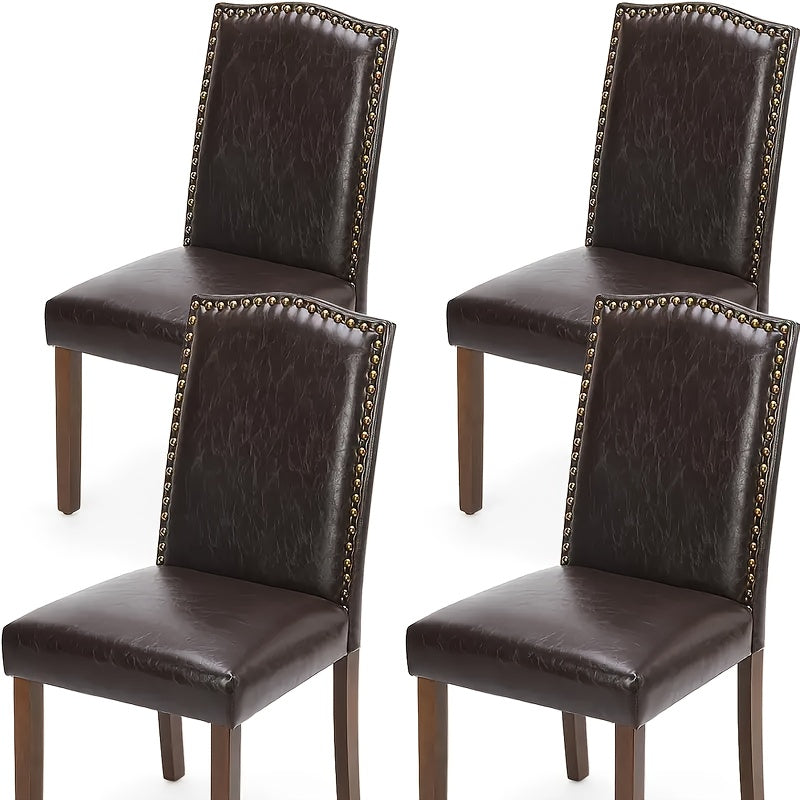 Leather Dining Chair: Modern Upholstered Kitchen Side Chair with Nailhead Trim and Wood Legs, PU Leather for Dining Room, Living Room, Bedroom, Kitchen, Dark Brown