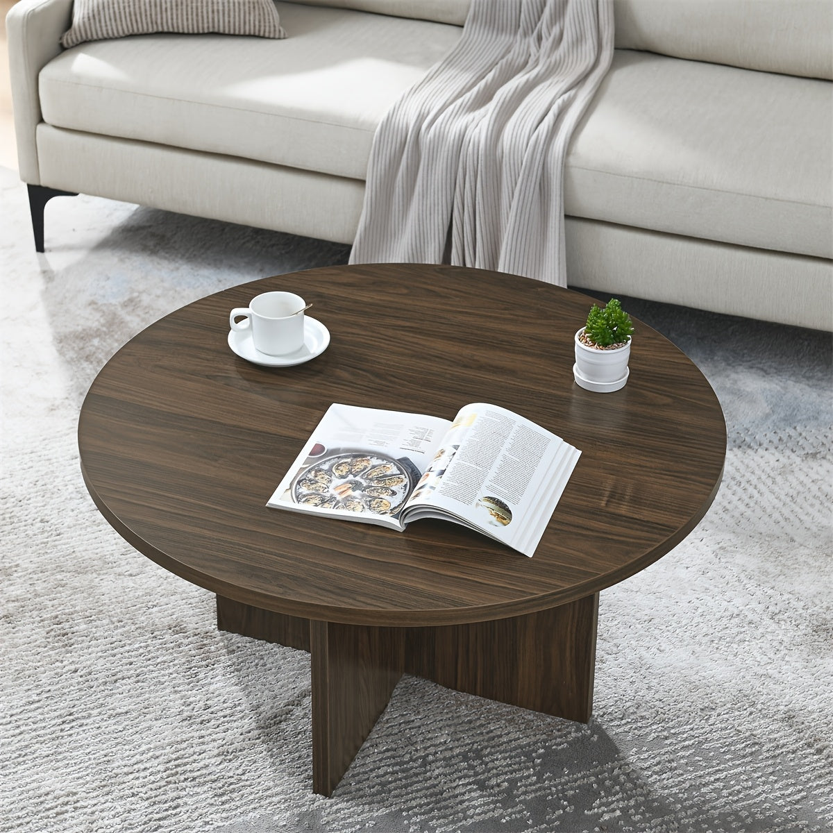 1pc Vintage Style Solid Hardwood Round Coffee Table - Space-Saving Design, No Electricity or Battery Needed, Ideal for Living Room Sofa Side Table