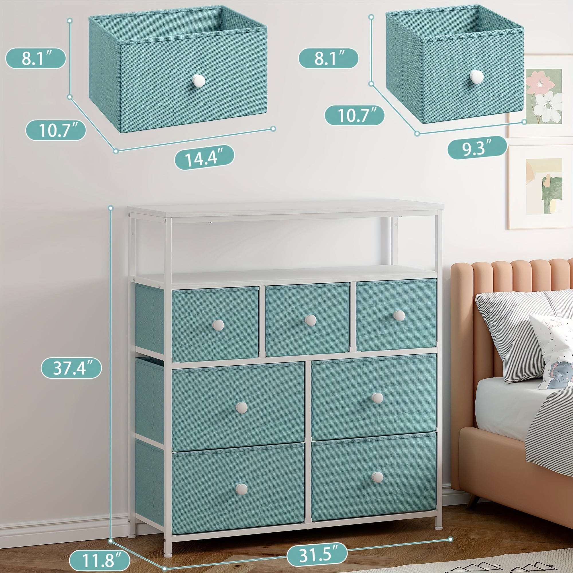 Dresser For Bedroom With 7 Drawers And 2 Shelves TV Stand Dresser With Wooden Top And Metal Frame Tall Dressers & Chest