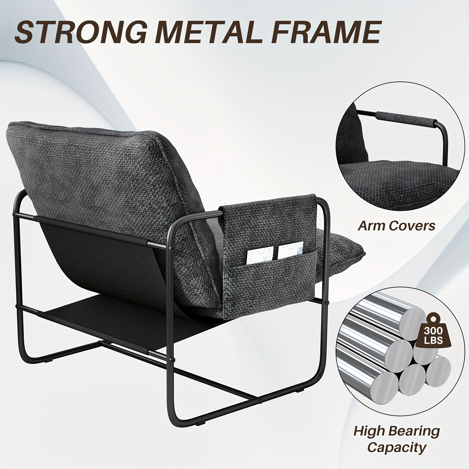 Sling Accent Chair Living Room, Metal Framed Armchair With Removable Storage Bag, Upholstered Living Room Chairs