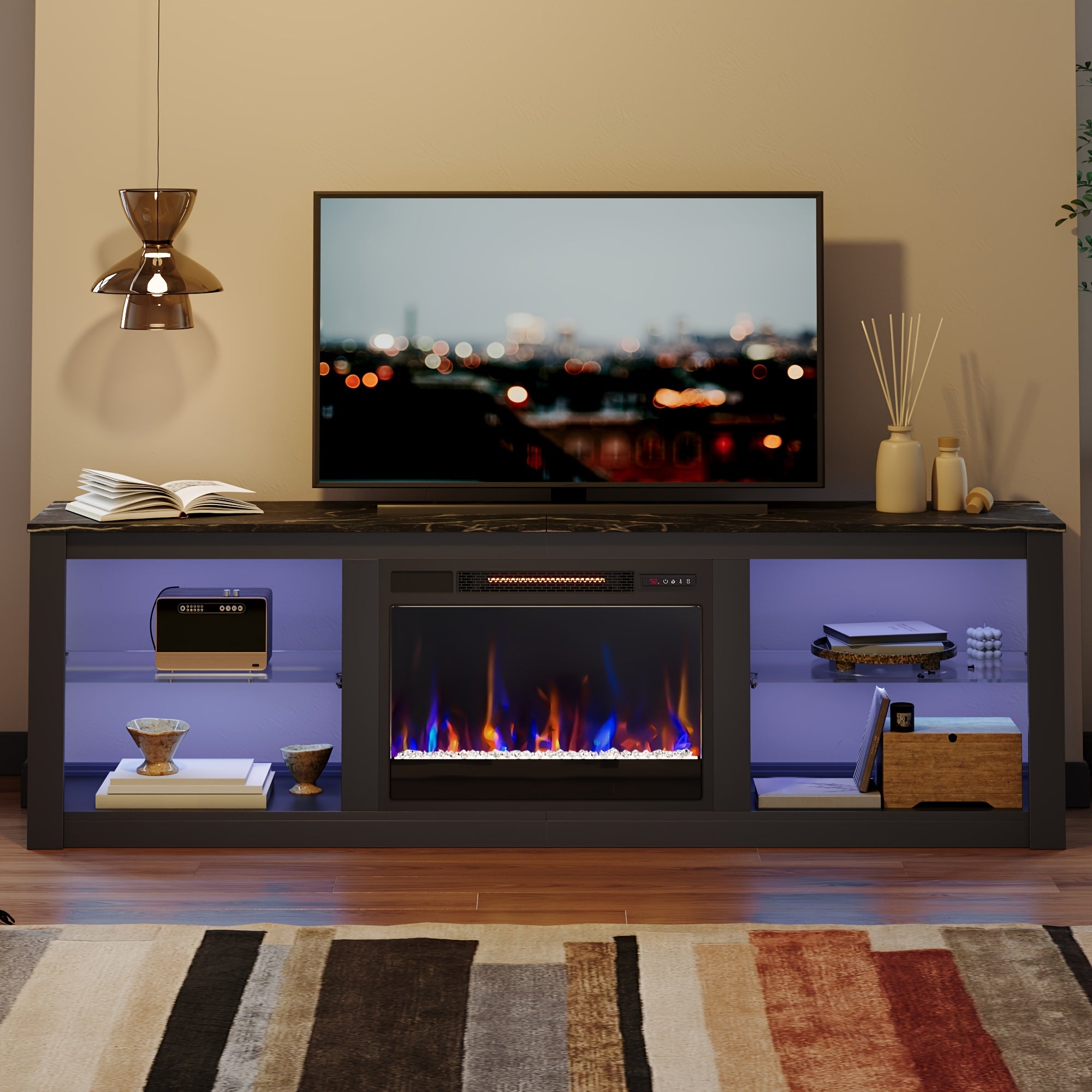 70 Inch Large TV Stand with 23" Electric Fireplace - Modern Entertainment Center with RGB LED Lights, Wooden TV Stand for TVs Up to 80", Temper Glass Shelves, Gift for Thanksgiving And Christmas, Black Marble And Rustic Finis