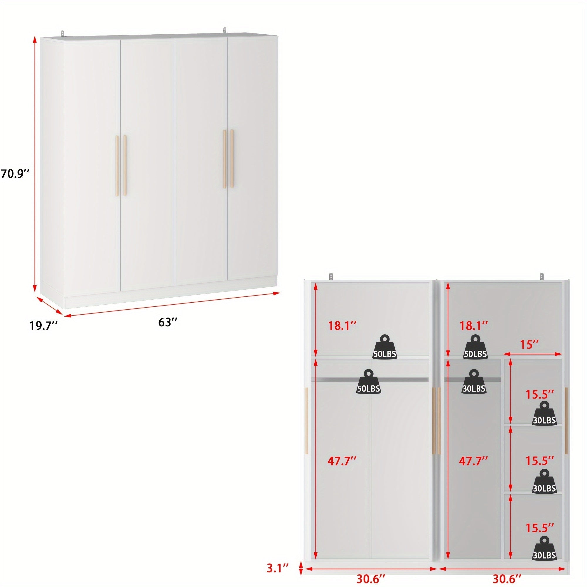 4-Door Wooden Wardrobe with Dual Zones & Shelving - Spacious Closet Organizer for Bedroom, Freestanding Design (70.9" x 63" x 19.7")