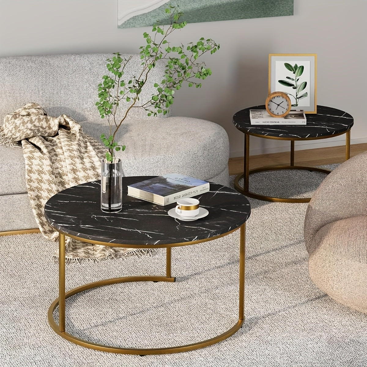 2pcs Nesting Coffee Table Set Modern Round Coffee Tables for Living Room Balcony Office Circle Table Accent End Side