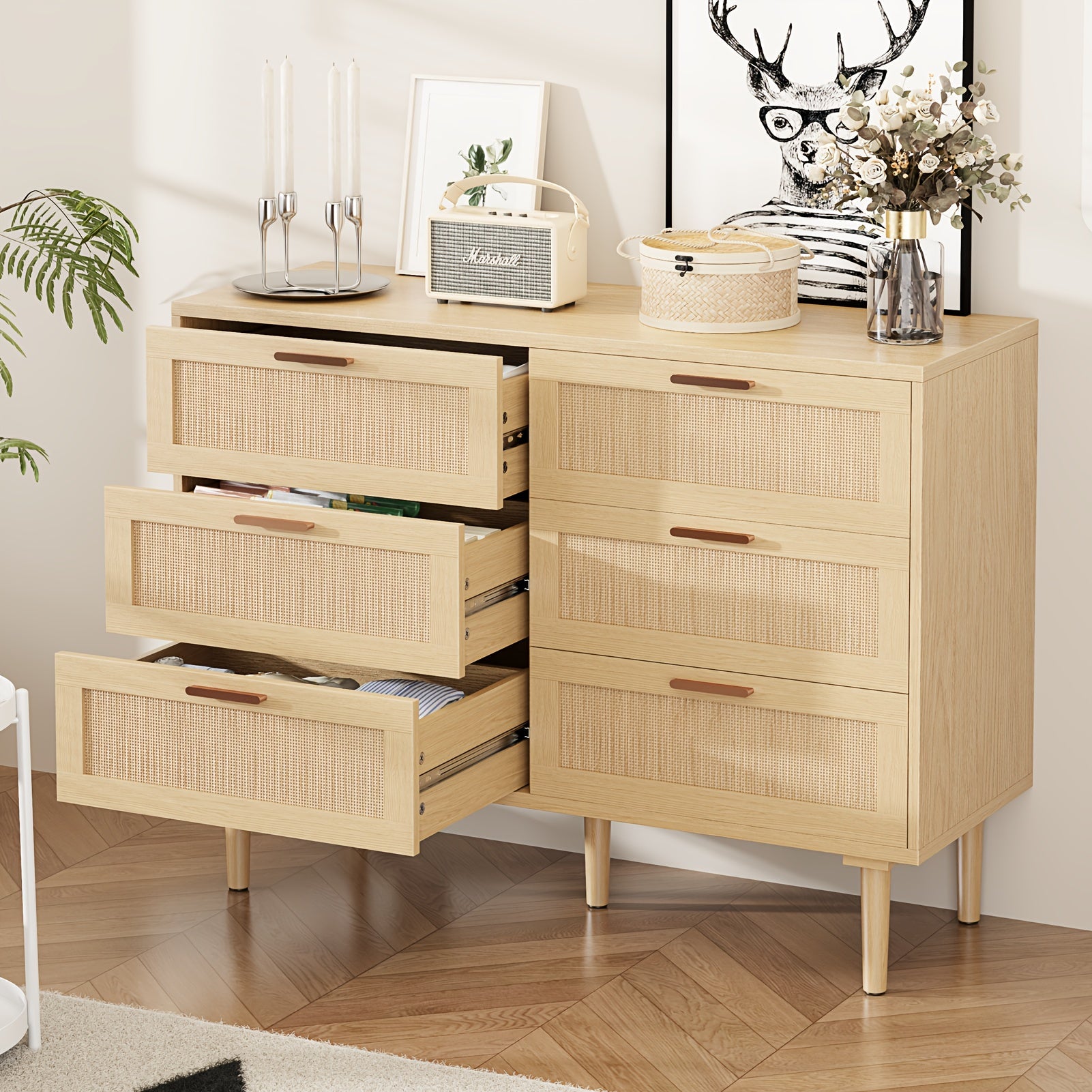 Drawer Dresser, Modern Wooden 6 Drawer Dresser, Rattan Dresser With Golden Handles For Bedroom, Rattan Storage Chest Of Drawers For Bedroom, Living Room, Hallway