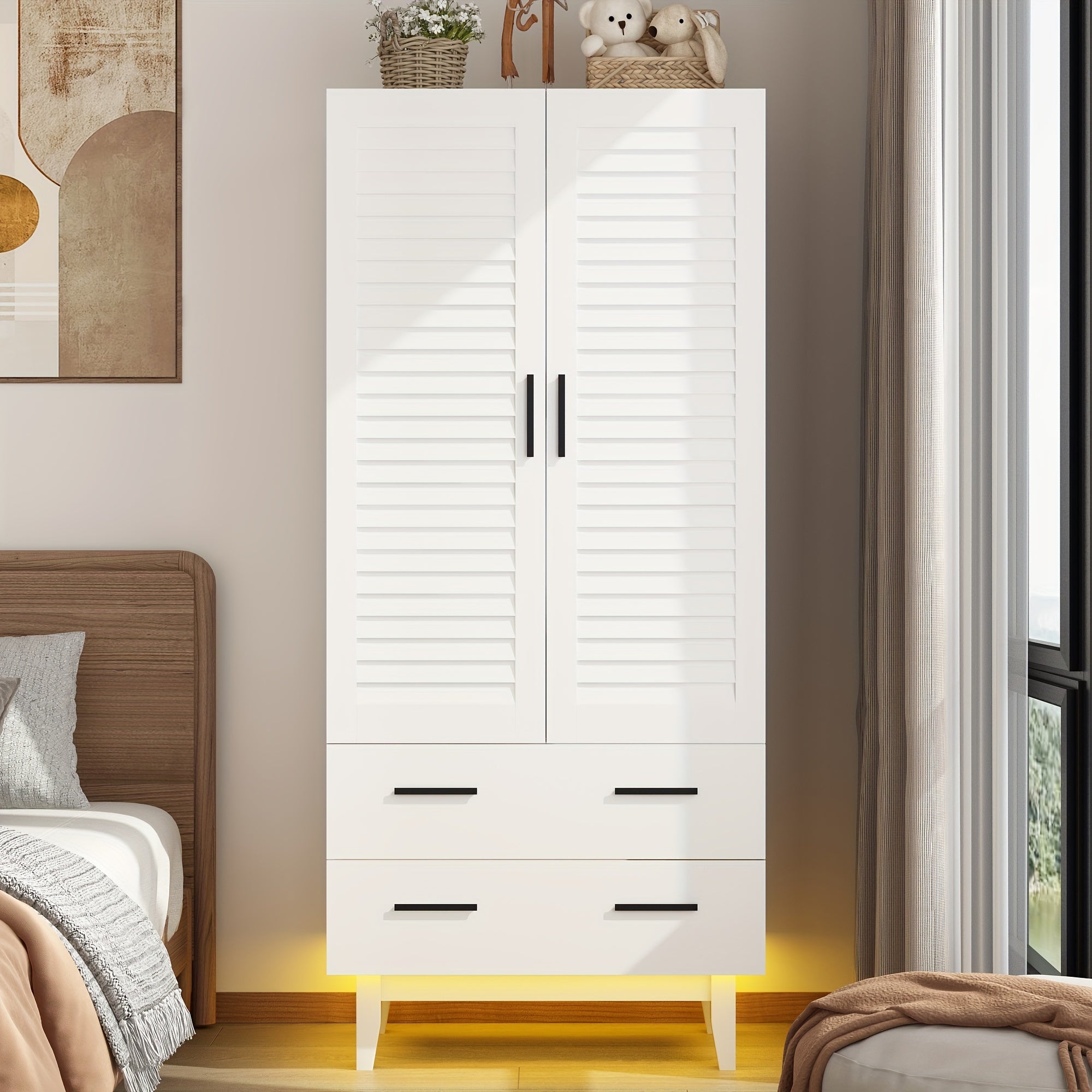 2 Door LED Wardrobe Closet Cabinet With Drawers, Multi-Tier Shelves, Hanging Rod & 2 Louver Doors, Large Capacity Storage Wardrobe Armoire For Bedroom