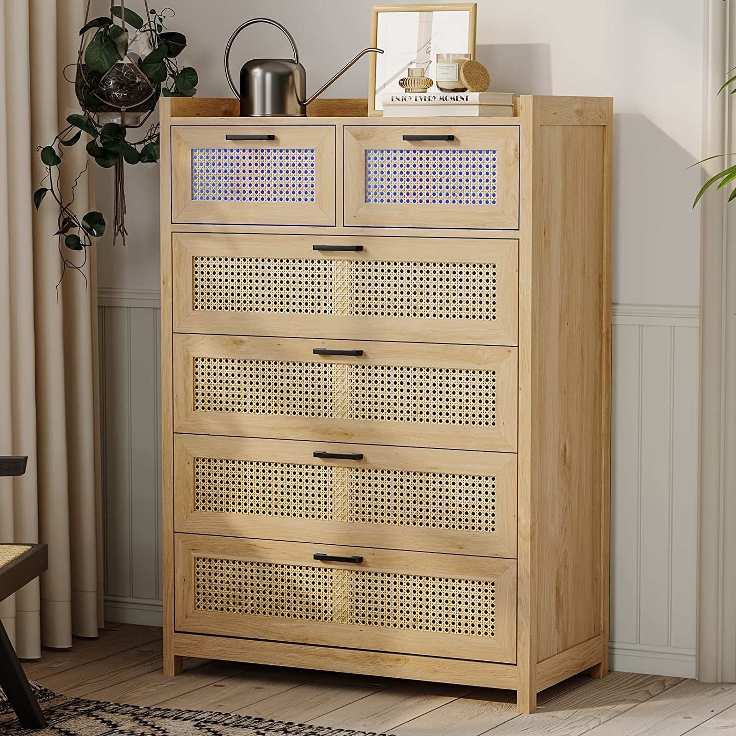 Rattan Dresser With LED Lights For Bedroom 6 Drawer Dresser Chest Of Drawers For Bedroom, Living Room, Hallway