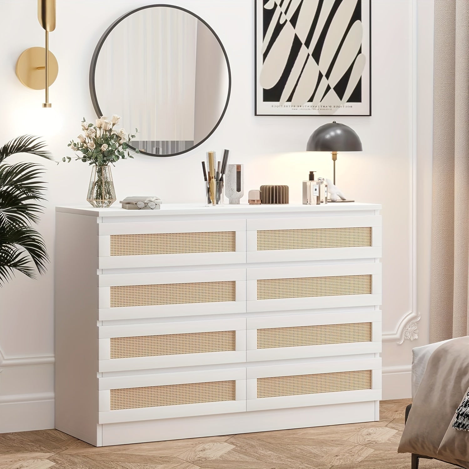 Rattan Dresser For Bedroom, Modern 8 Drawer Wooden Dresser Chest, Wide Wood Beside Table For Closet, Nursery, Living Room And Entryway, White