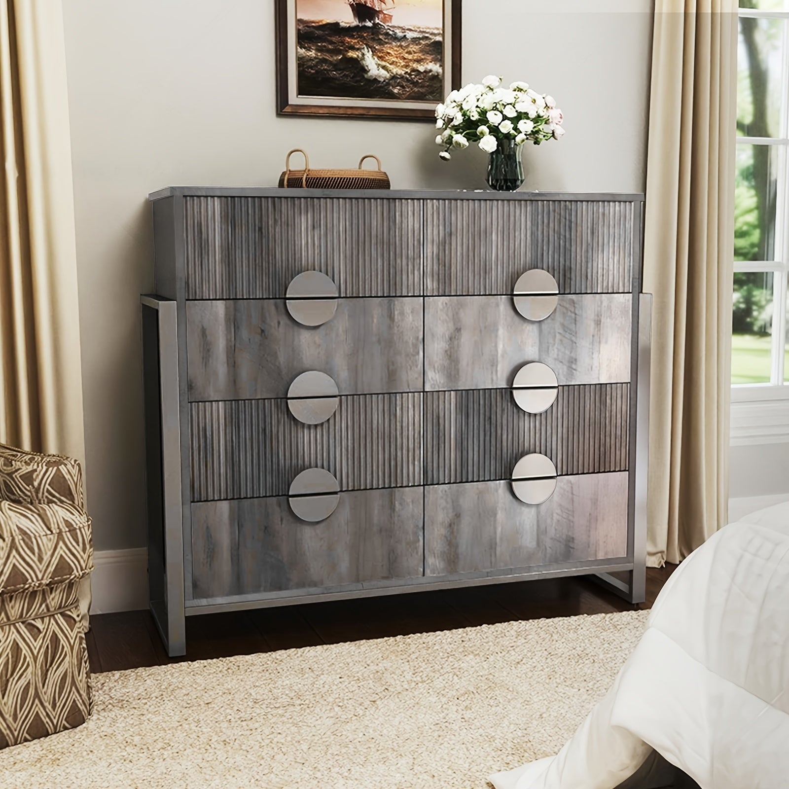 8 Drawer Large Grey Dresser For Bedroom, 49.6" Long Chest Of Drawers With Deep Drawers, Modern Fluted Storage Dresser, Metal H Legs, Large Metal Handles For Bedroom, Living Room, Hallway, Furniture For Home