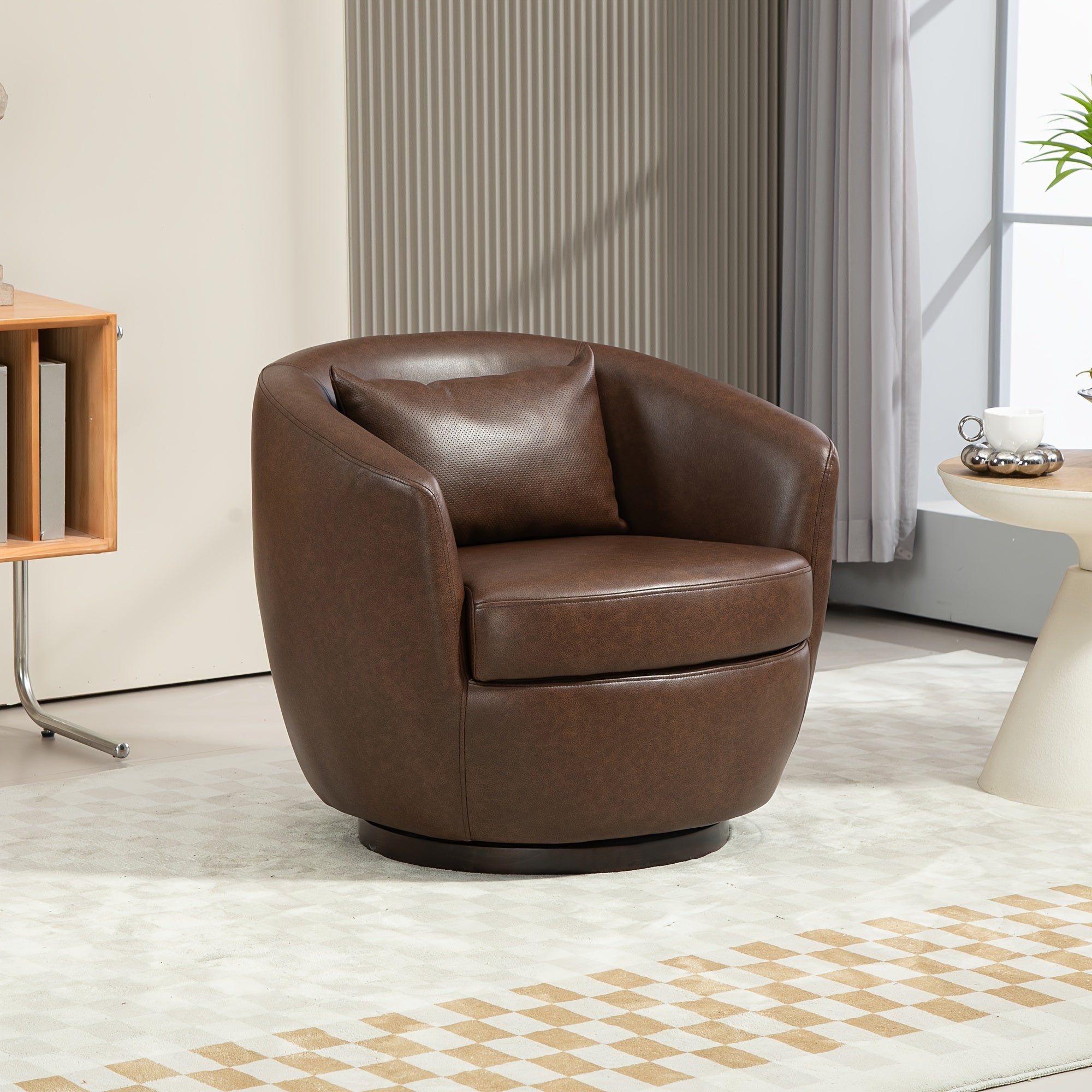 Upholstered Swivel Barrel Armchair With Storage Modern Living Room Side Chair For Bedroom/Office/Reading Spaces - PU Dark Brown