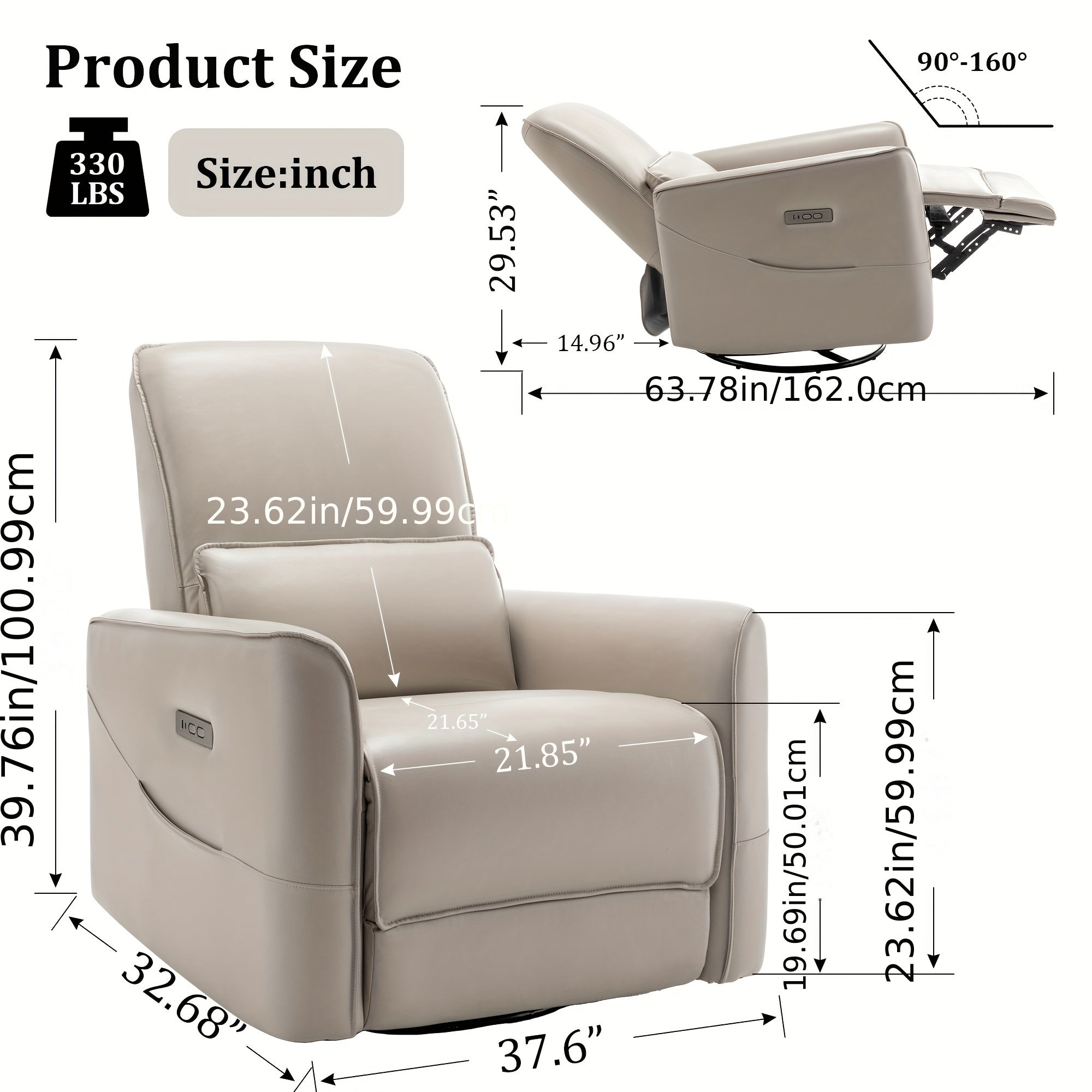 Luxurious Light Grey Electric Recliner Chair with Low Back Support, Power Swivel Action, USB Ports, and Streamlined Side Pockets - Ergonomic Design for Comfortable Living in Bedroom or Living Room, Chair for Living Room