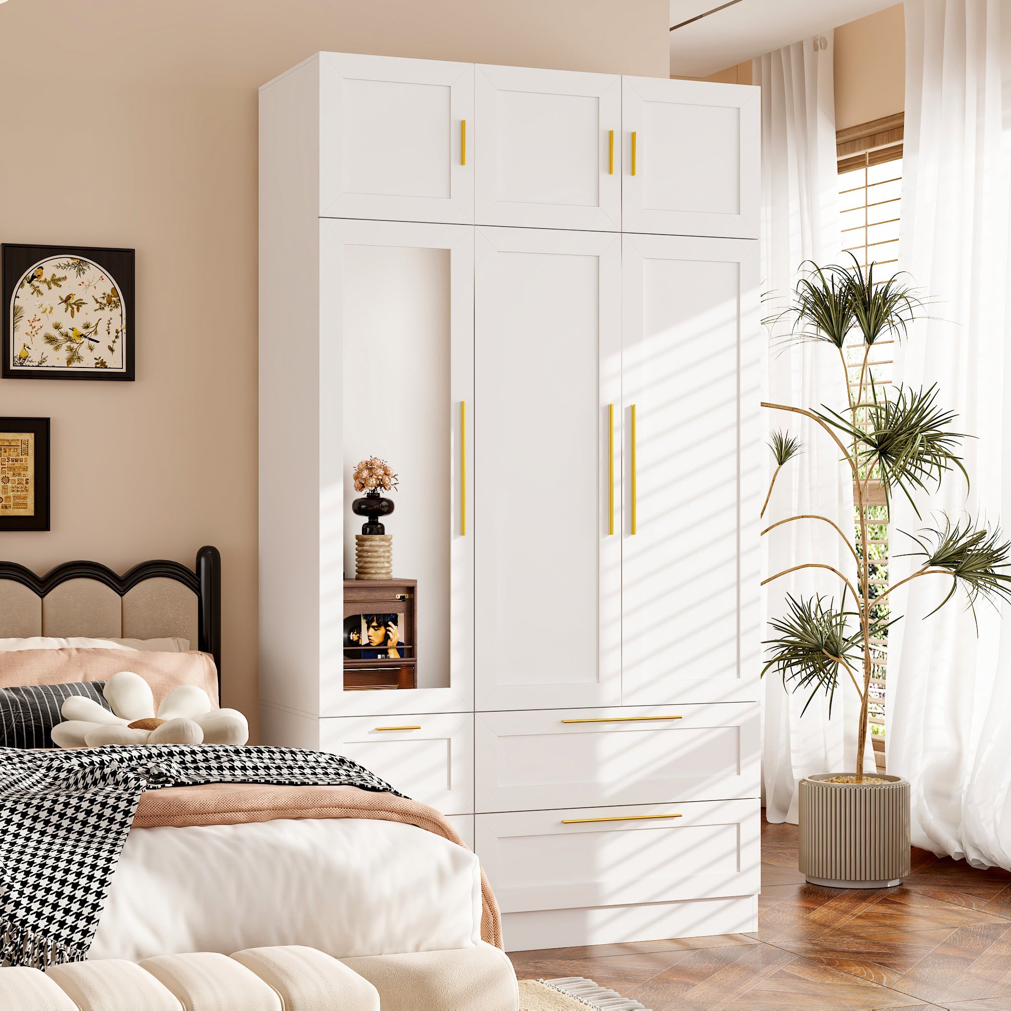 Wardrobe Armoire Wooden Closet With Mirror, 6 Doors, 4 Drawers And Hanging Rods For Bedroom, Christmas Clearance Furniture For Home, Large Storage Space, Stylish And Modern Degign, White