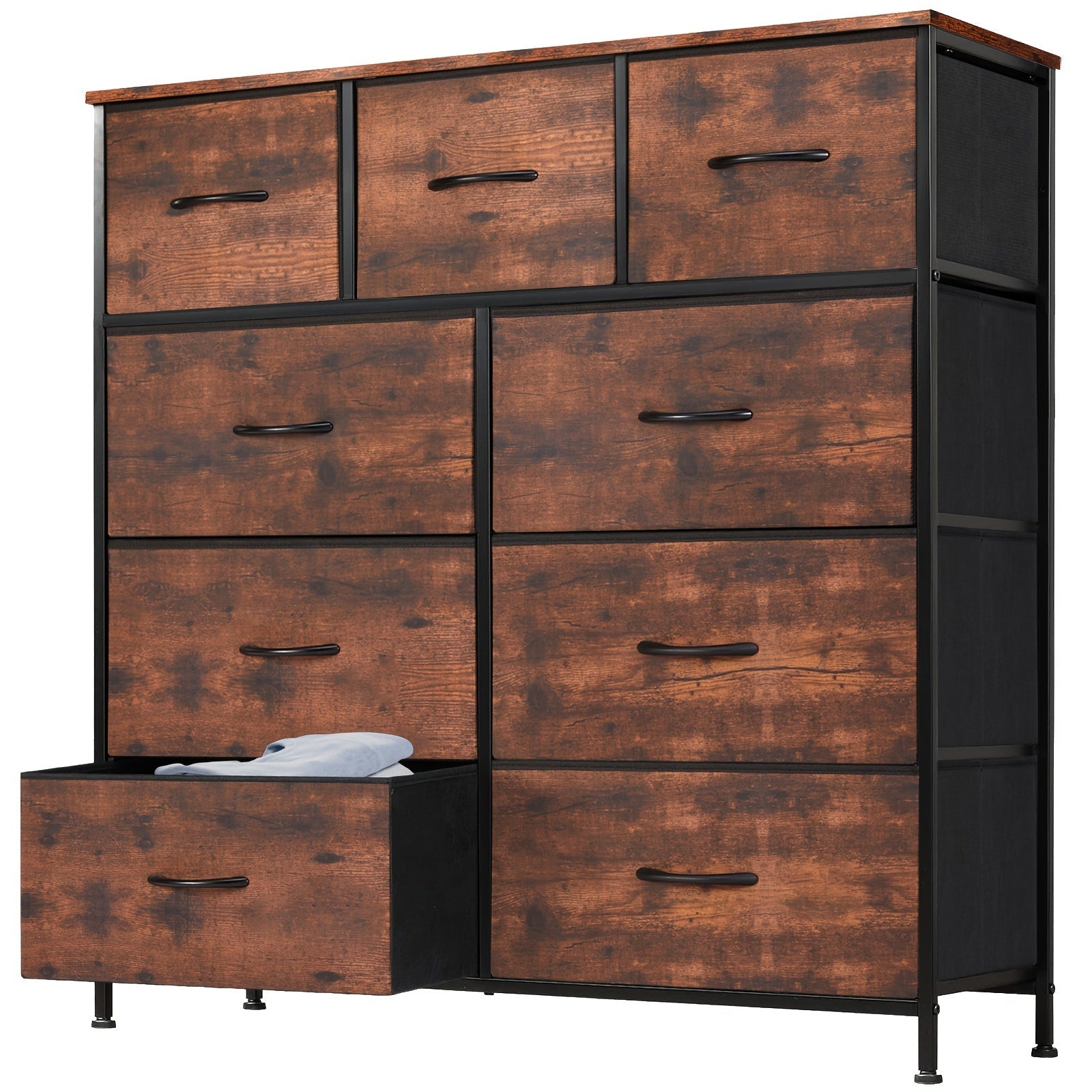 Dresser for Bedroom with 9 Drawers, Wide Chest of Drawers, Fabric Dresser, Storage Organizer Unit with Fabric Bins for Closet, Living Room, Hallway