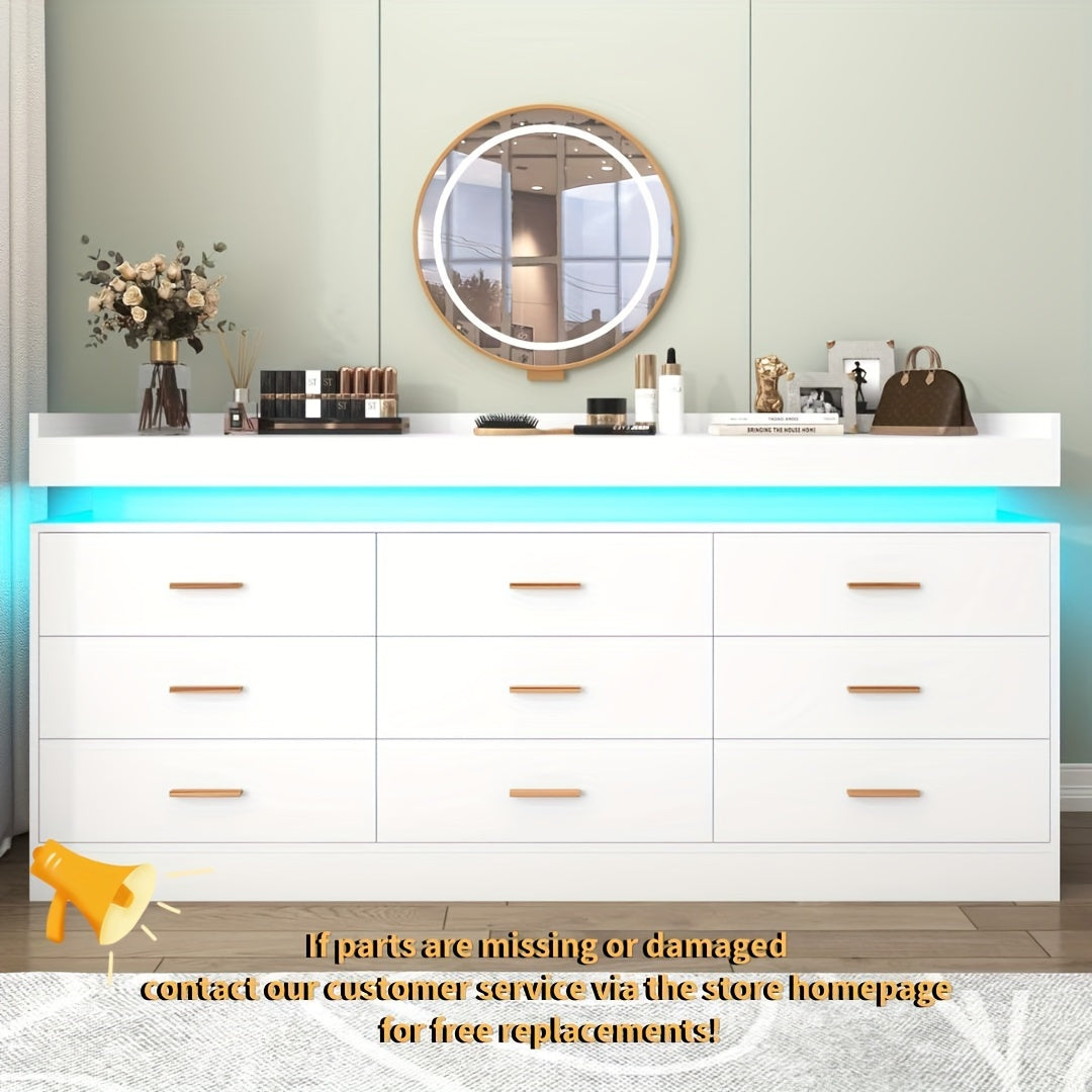 9 Drawer Dresser With LED Light Modern Chest Of Drawers For Closet Wide Drawer Organizer Cabinet For Bedroom Living