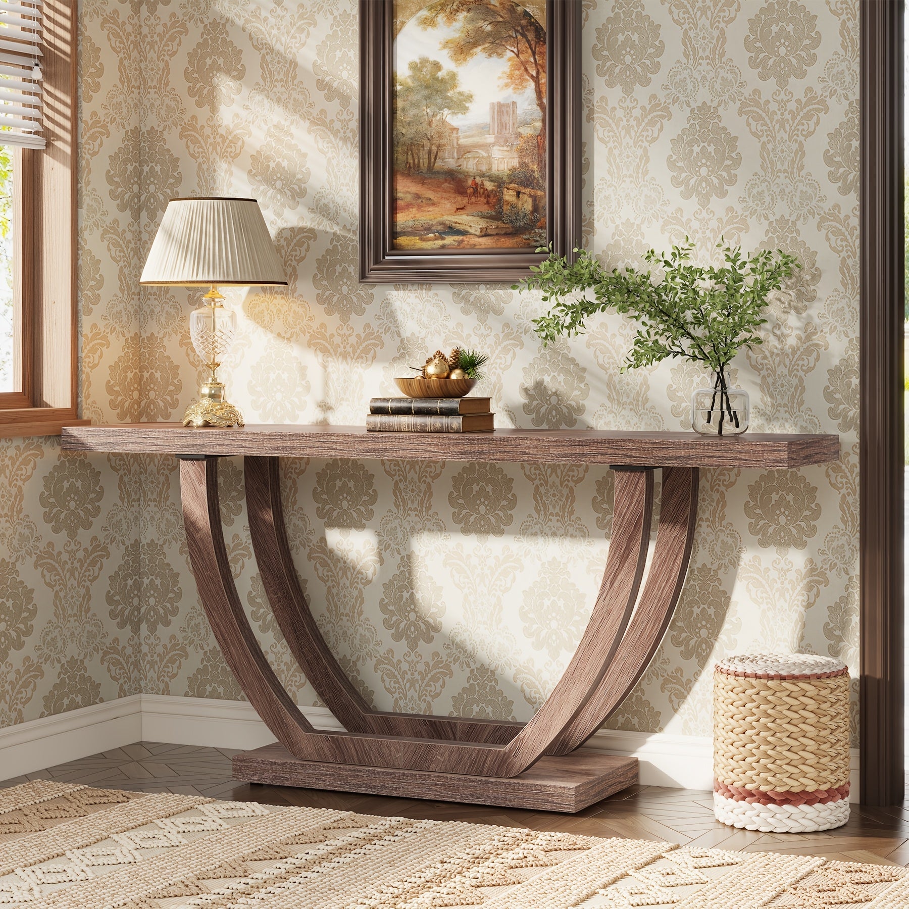 Console Entryway Table Farmhouse: 63 Inches Sturdy Wood Console Table for Entryway, Narrow Long Foyer Sofa Table with Geometric Legs for Hallway, Entrance, Reception Room