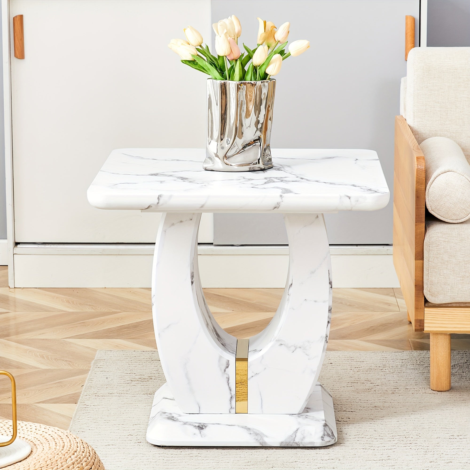 Modern Faux Marble Pattern Side Table with Golden Accents 23.6’’ Square Top Adjustable Foot Pads And Sturdy Base