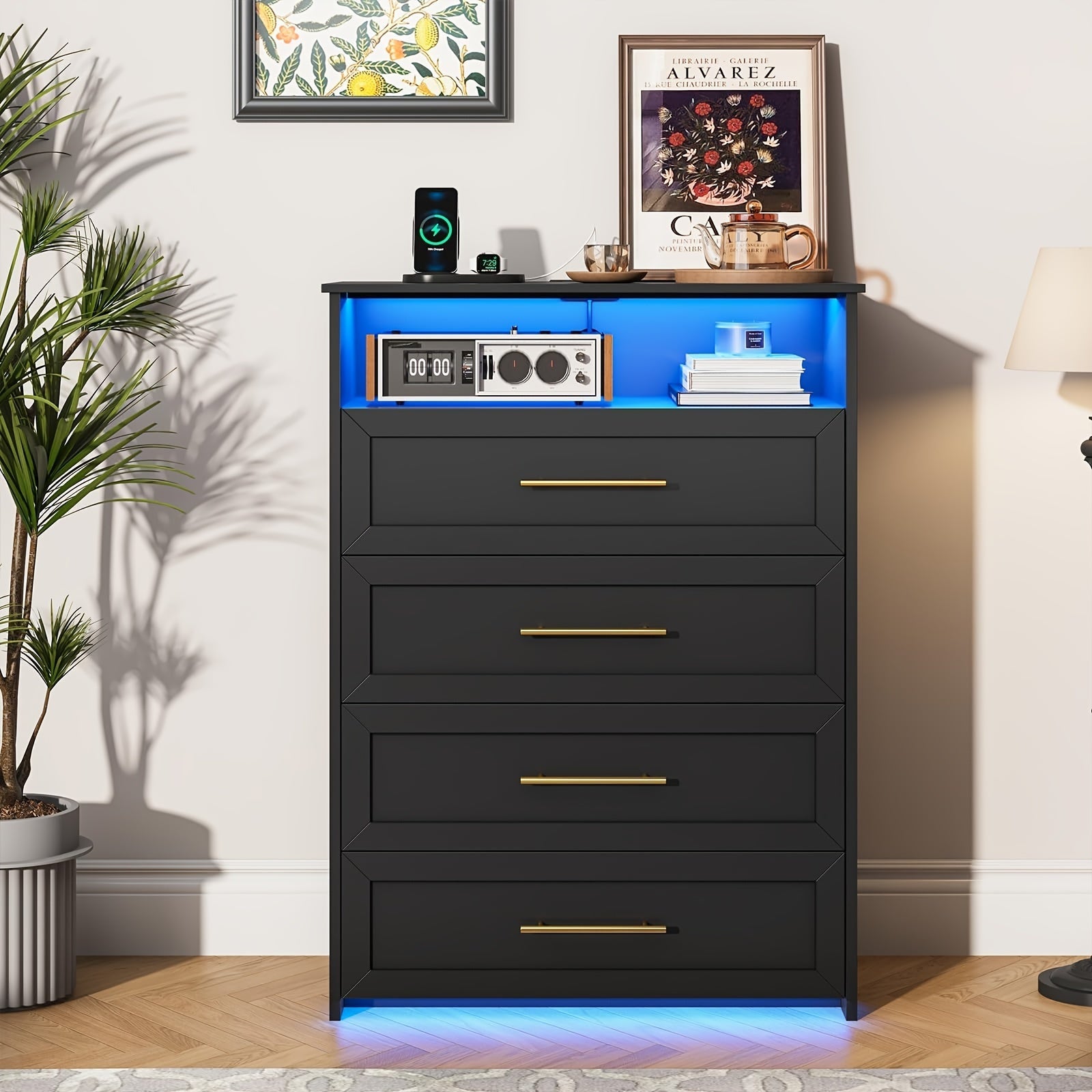 Vanity Dresser 101cm Tall Wood Chest Of Drawers 4 Drawers Dresser For Bedroom With Metal Handle Black Storage Dresser