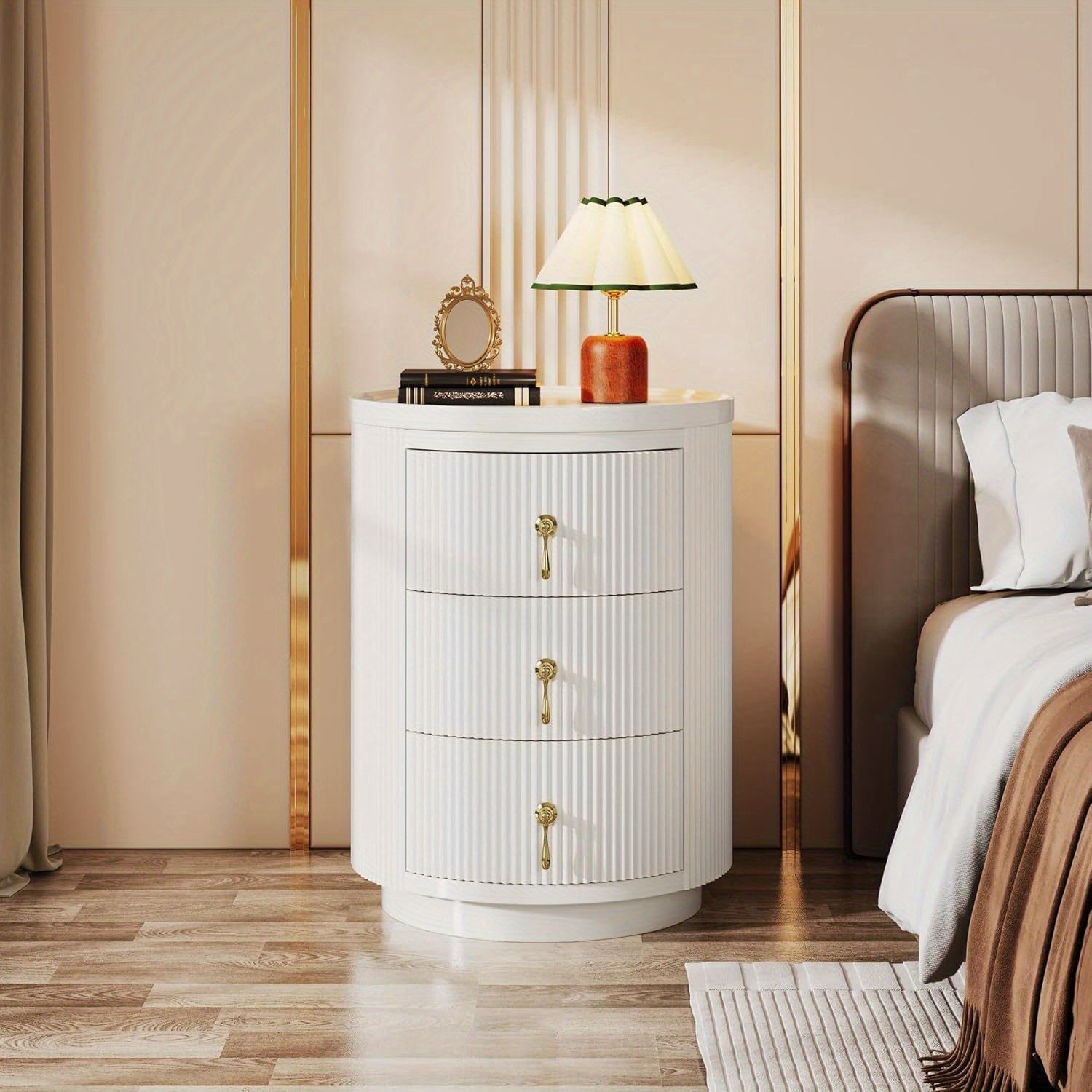 No Assembly Nightstand with 3 Drawers, Modern Round Bedside Table Night Stand for Bedroom, End Table Side Table with Storage and Gold Handles, White