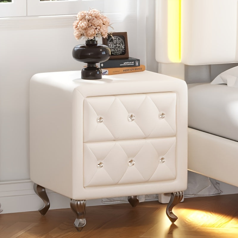 Elegant PU Nightstand With 2 Drawers And Crystal Handle, Fully Assembled Except Legs&Handles, Storage Bedside Table With Metal Legs - White