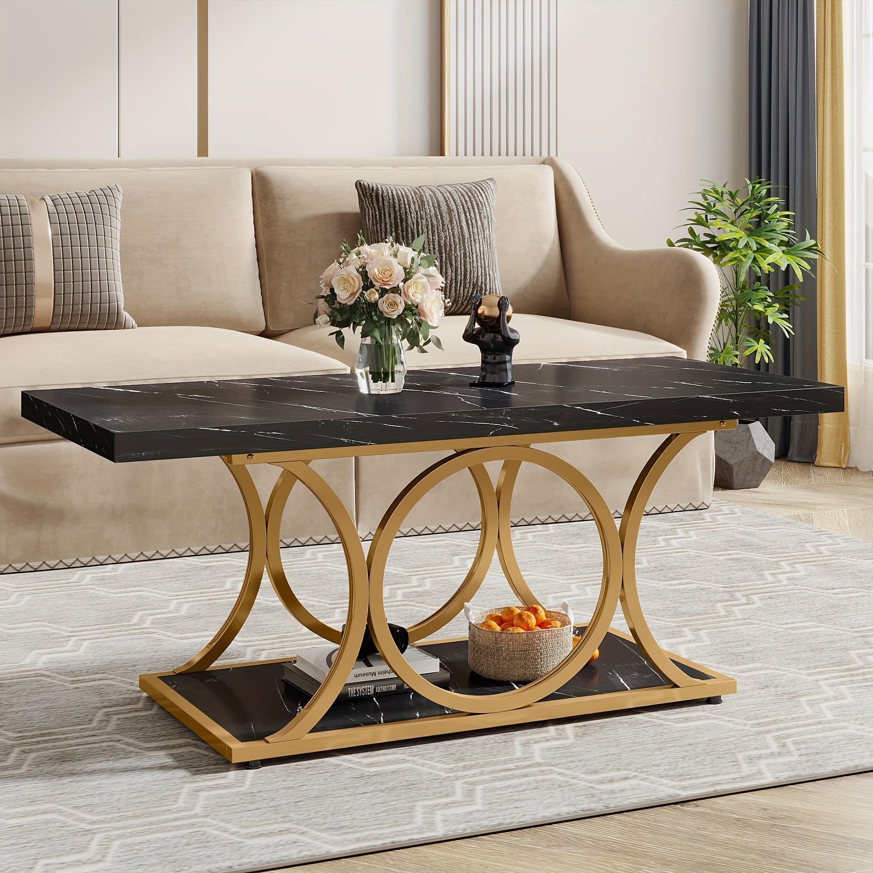 47 Inch Rectangle Coffee Table, 2-Tier Modern Faux Marble Wood Table With Geometric Metal Legs, Living Room Furniture With Storage Shelf