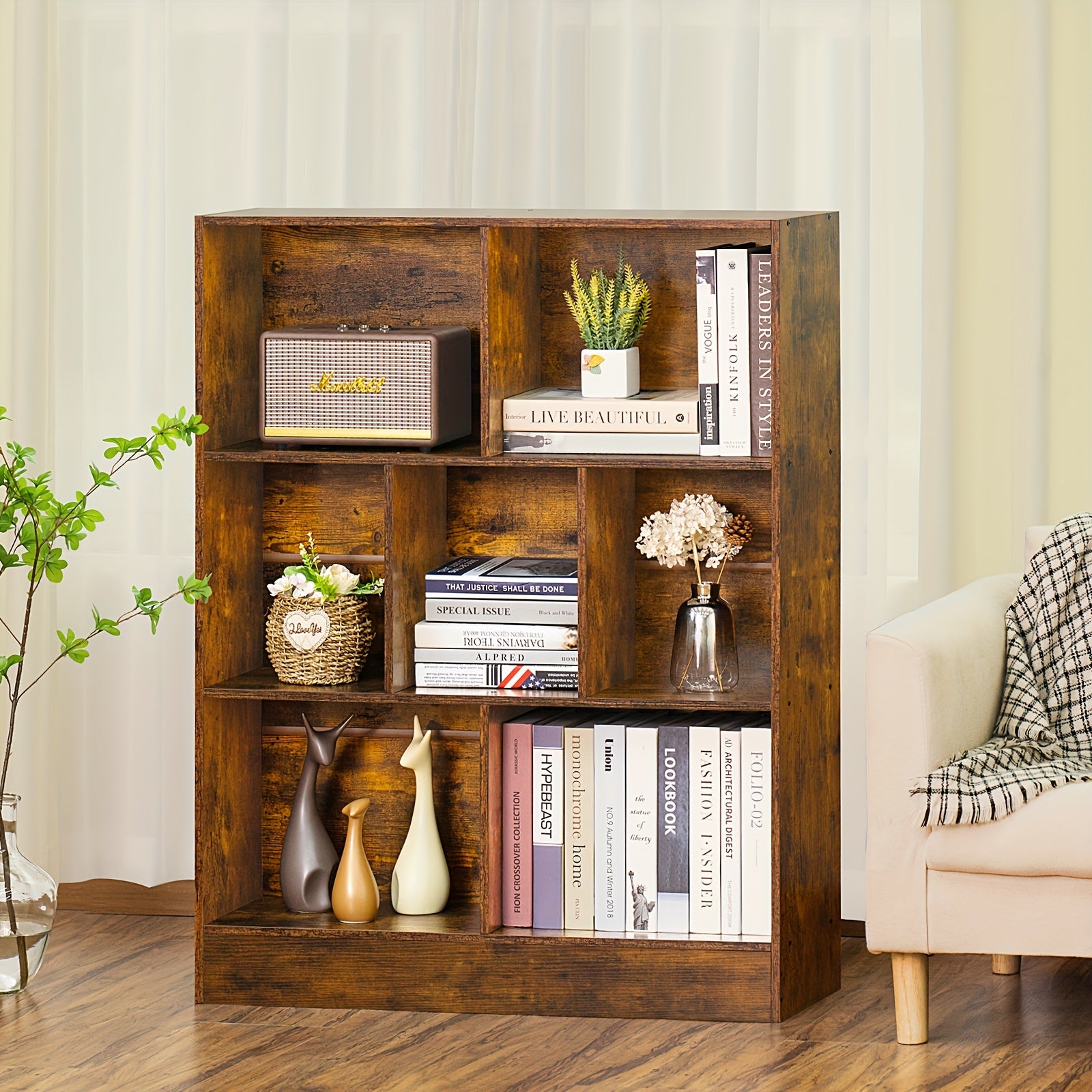 7 Cube Bookshelf with Base 3 Tier Mid-Century Modern Brown Bookcase Standing Wide Bookshelves Storage Organizer Shelf